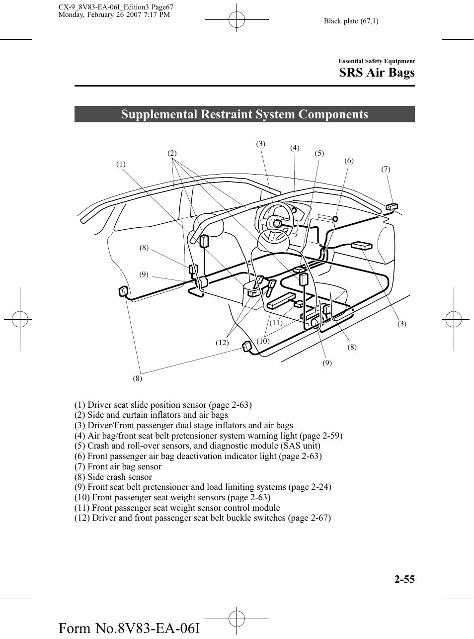 Supplemental restraint system components, Supplemental restraint system components -55, Srs air bags | Mazda 2007 CX-9 User Manual | Page 67 / 502