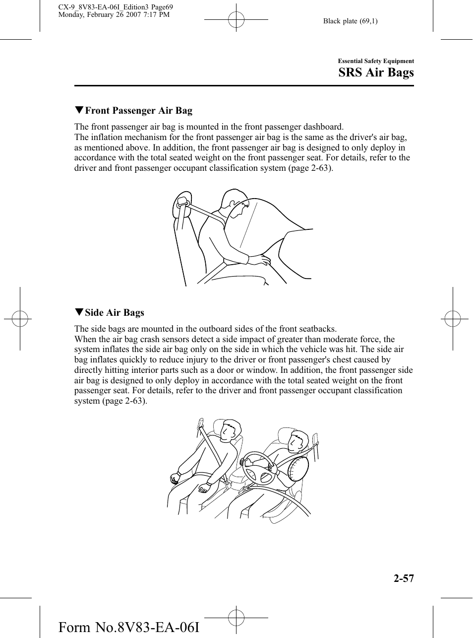 Srs air bags | Mazda 2007 CX-9 User Manual | Page 69 / 502