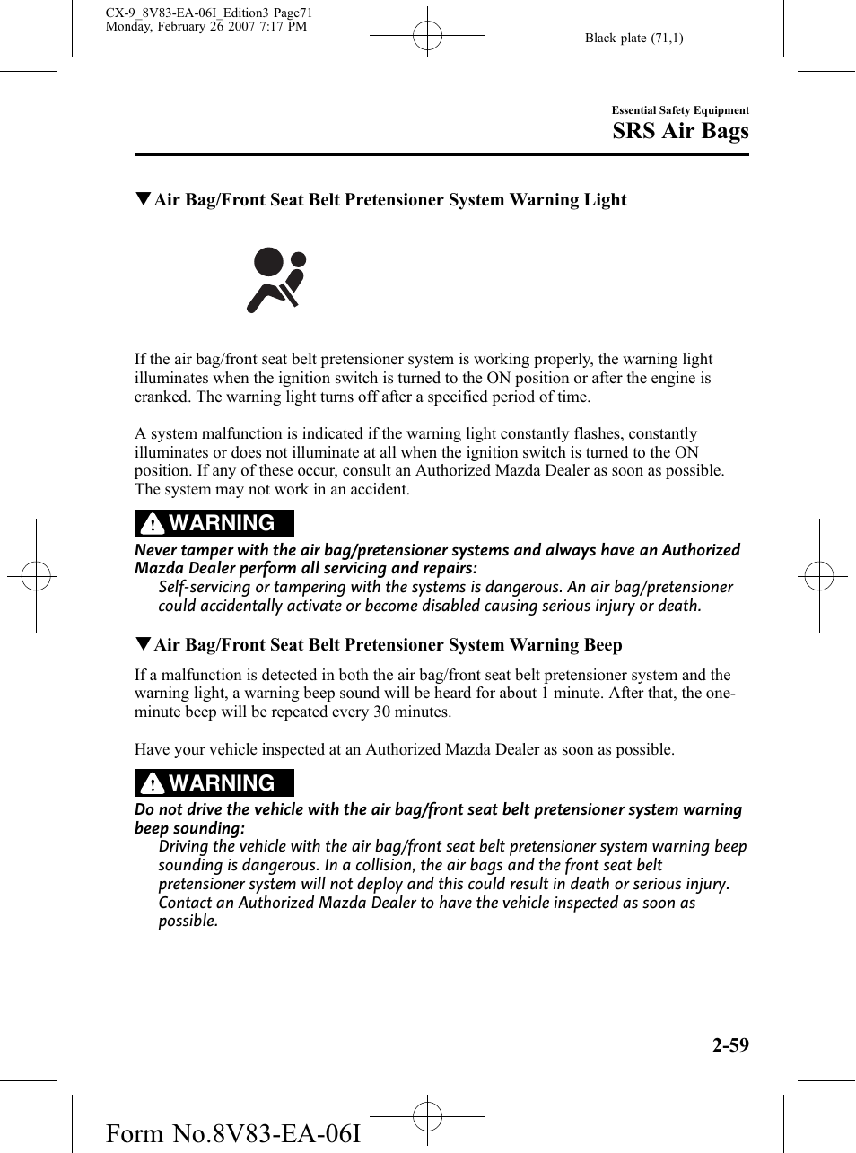 Srs air bags, Warning | Mazda 2007 CX-9 User Manual | Page 71 / 502