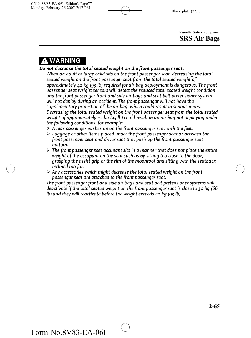 Srs air bags, Warning | Mazda 2007 CX-9 User Manual | Page 77 / 502