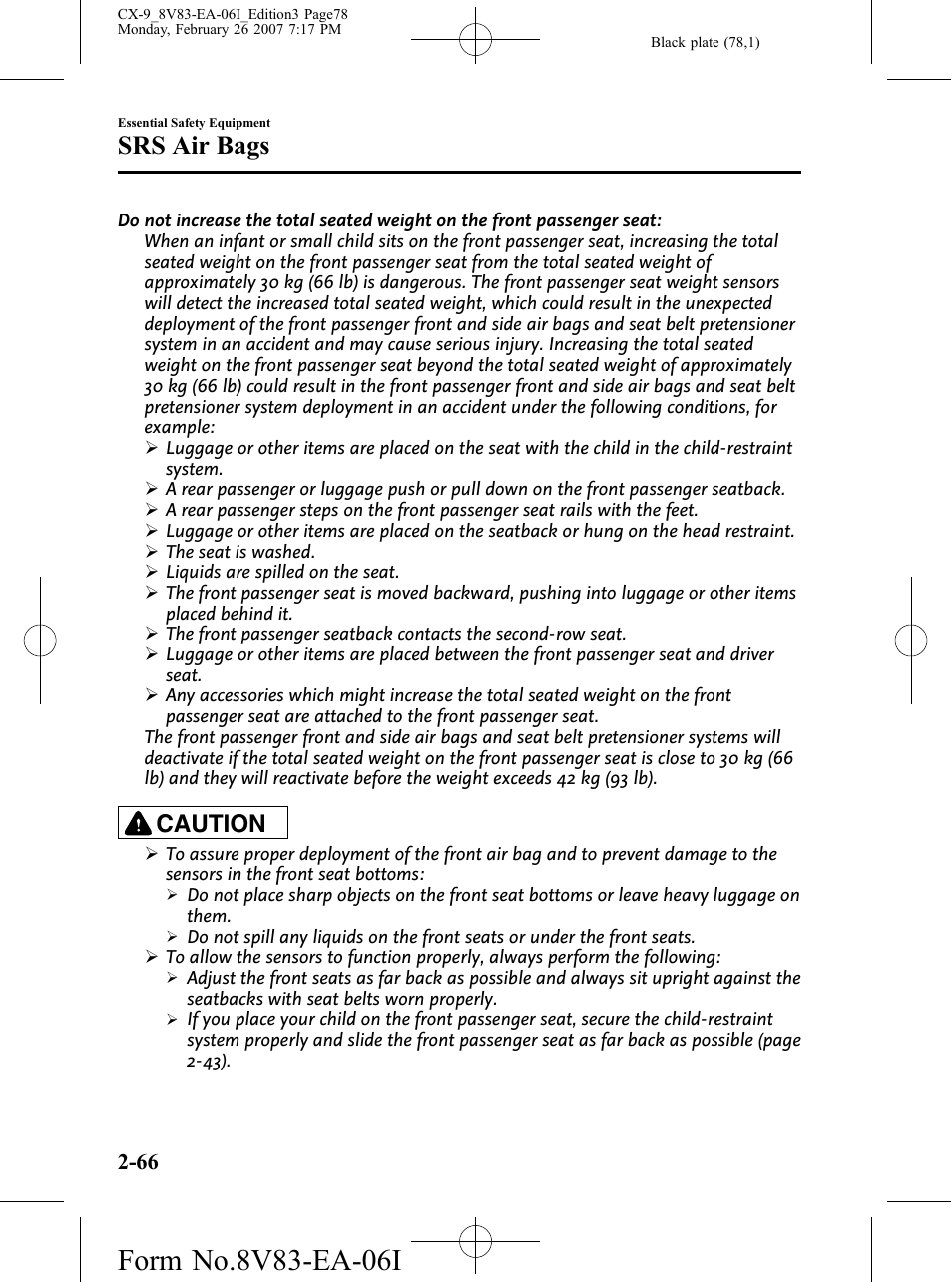 Srs air bags, Caution | Mazda 2007 CX-9 User Manual | Page 78 / 502