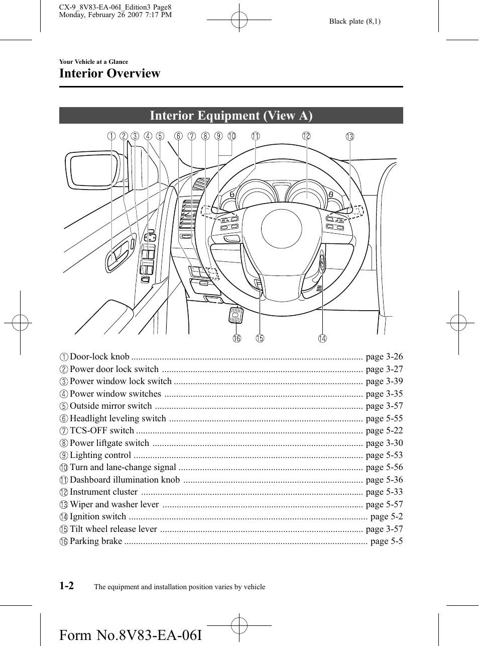 Interior overview, Interior equipment (view a), Interior overview -2 | Interior equipment (view a) -2 | Mazda 2007 CX-9 User Manual | Page 8 / 502