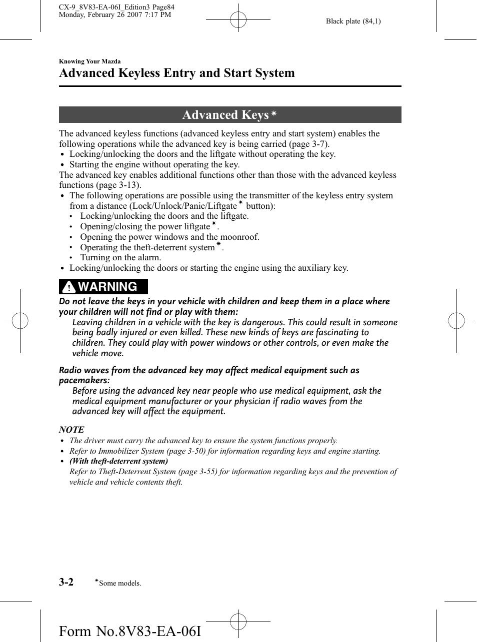 Advanced keyless entry and start system, Advanced keys, Advanced keyless entry and start system -2 | Warning | Mazda 2007 CX-9 User Manual | Page 84 / 502