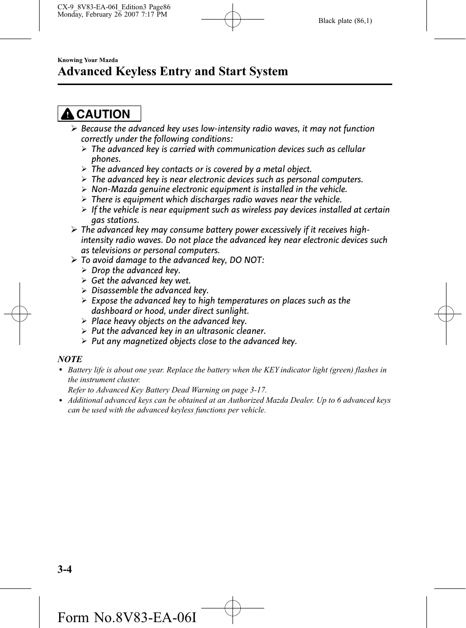 Advanced keyless entry and start system, Caution | Mazda 2007 CX-9 User Manual | Page 86 / 502