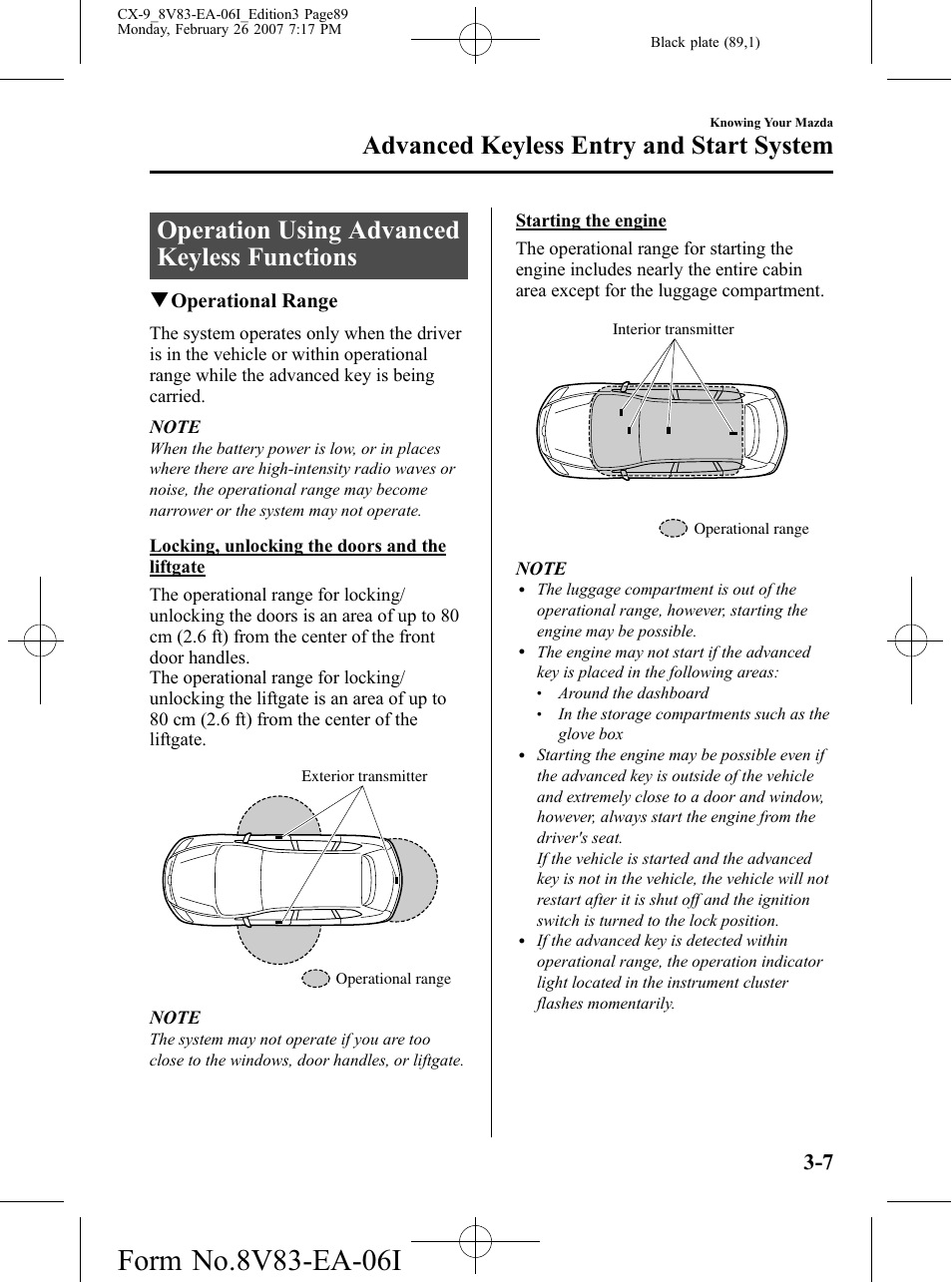 Operation using advanced keyless functions, Operation using advanced keyless functions -7, Advanced keyless entry and start system | Qoperational range | Mazda 2007 CX-9 User Manual | Page 89 / 502
