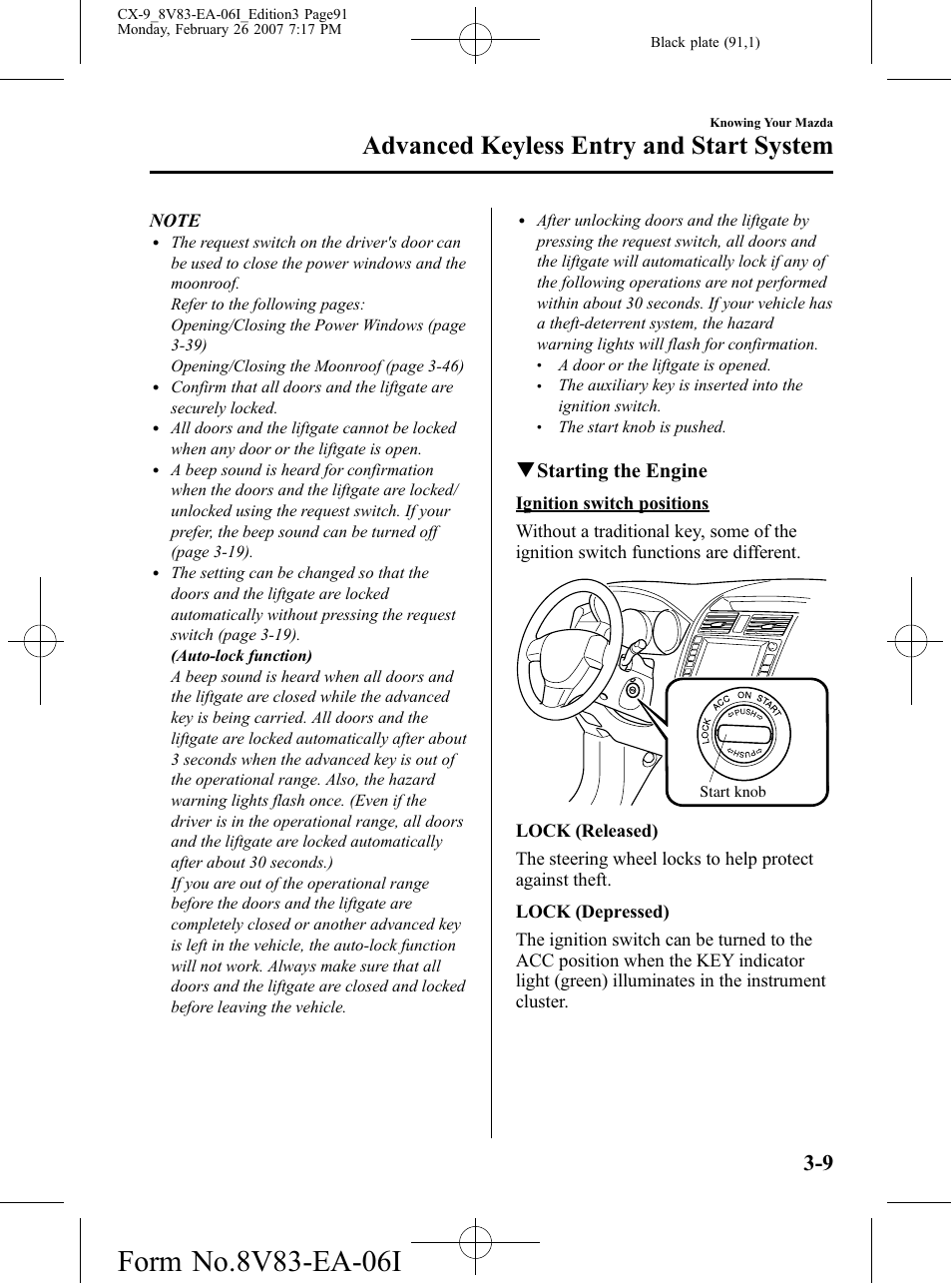 Advanced keyless entry and start system, Qstarting the engine | Mazda 2007 CX-9 User Manual | Page 91 / 502