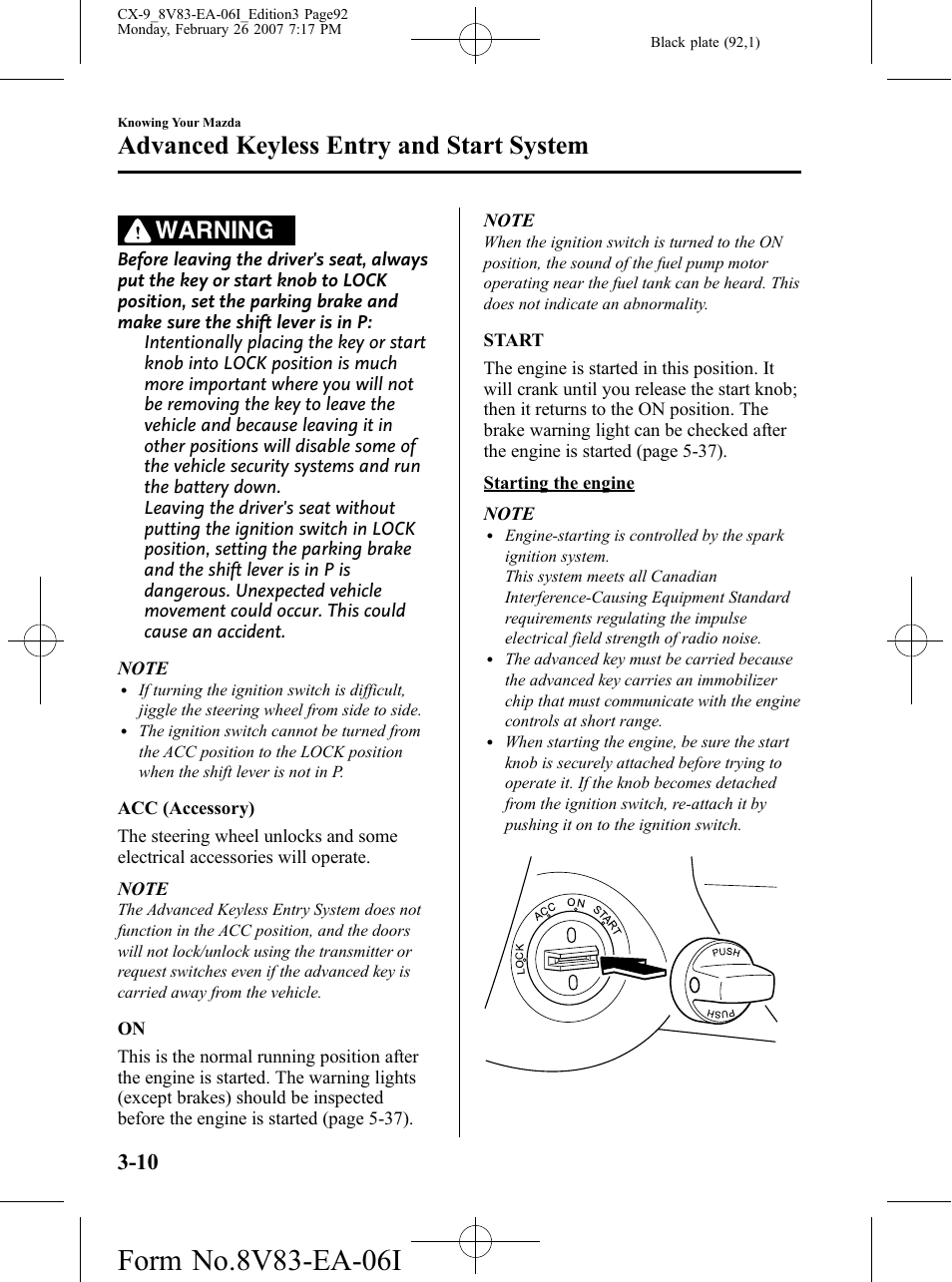 Advanced keyless entry and start system, Warning | Mazda 2007 CX-9 User Manual | Page 92 / 502