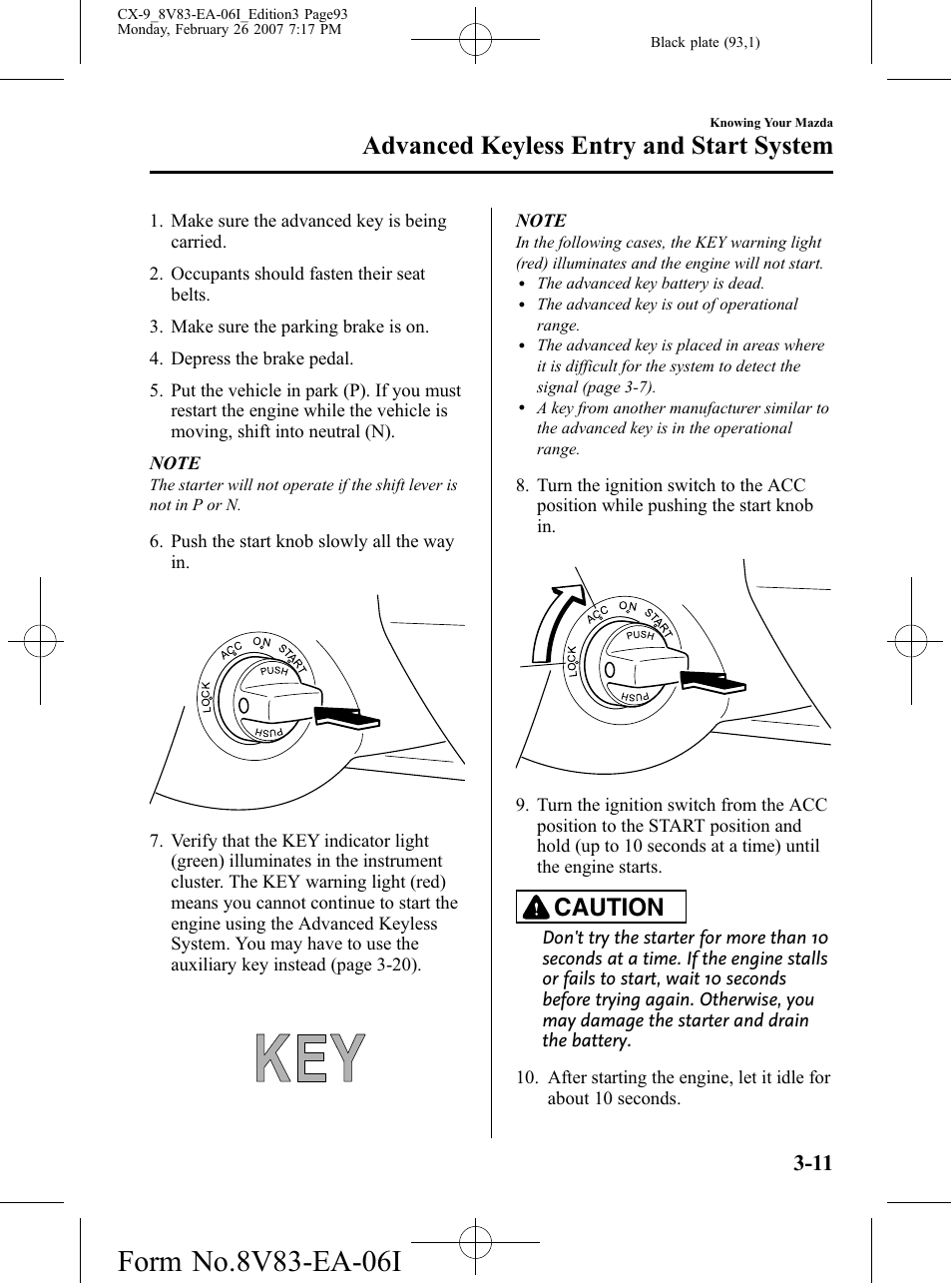 Advanced keyless entry and start system, Caution | Mazda 2007 CX-9 User Manual | Page 93 / 502