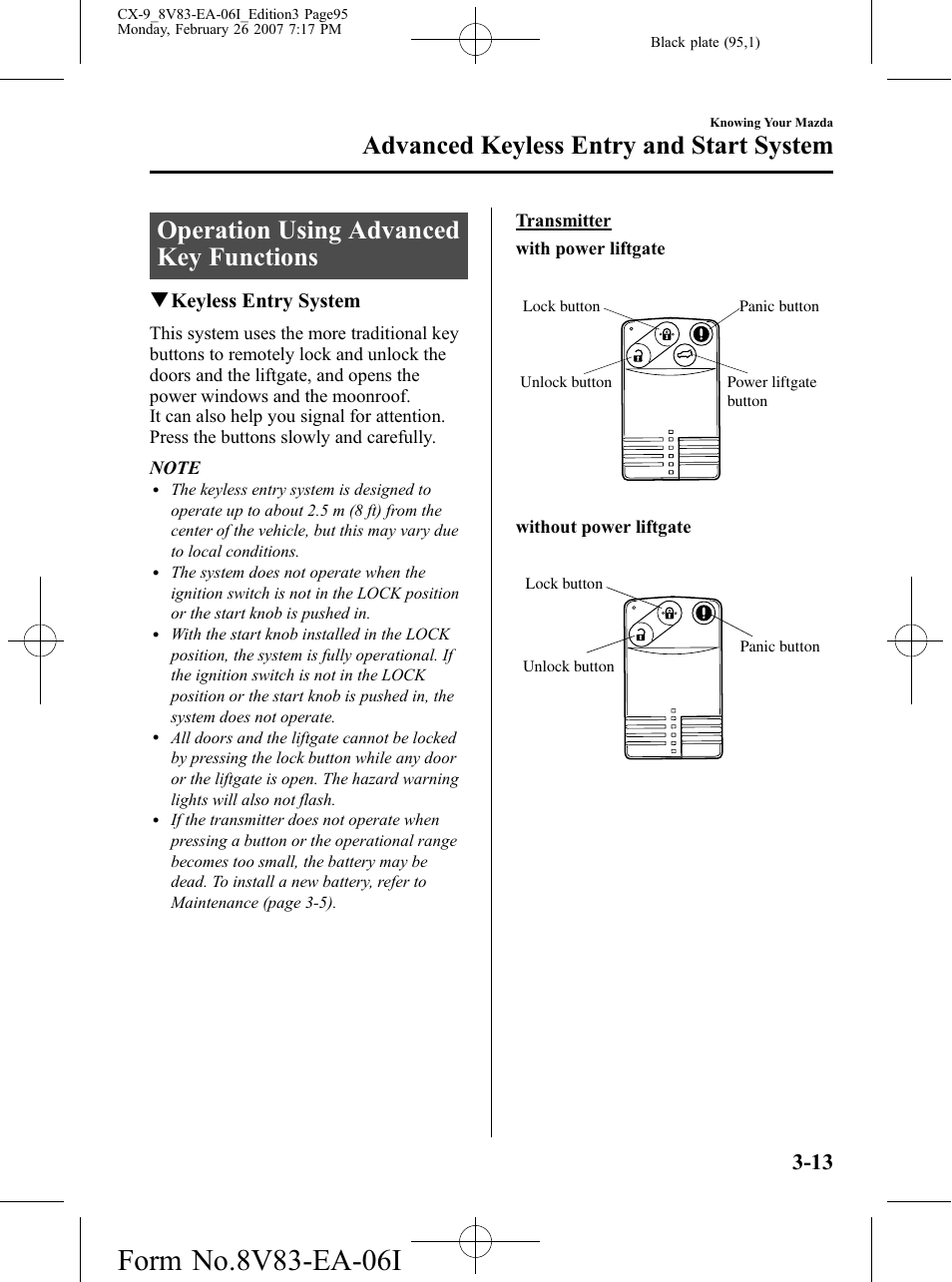 Operation using advanced key functions, Operation using advanced key functions -13, Advanced keyless entry and start system | Qkeyless entry system | Mazda 2007 CX-9 User Manual | Page 95 / 502