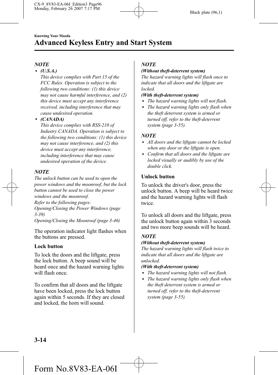 Advanced keyless entry and start system | Mazda 2007 CX-9 User Manual | Page 96 / 502