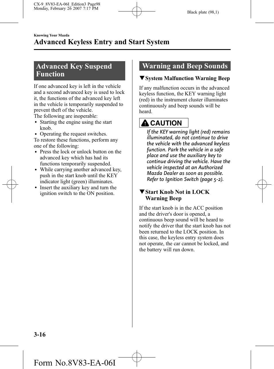 Advanced key suspend function, Warning and beep sounds, Advanced keyless entry and start system | Caution | Mazda 2007 CX-9 User Manual | Page 98 / 502