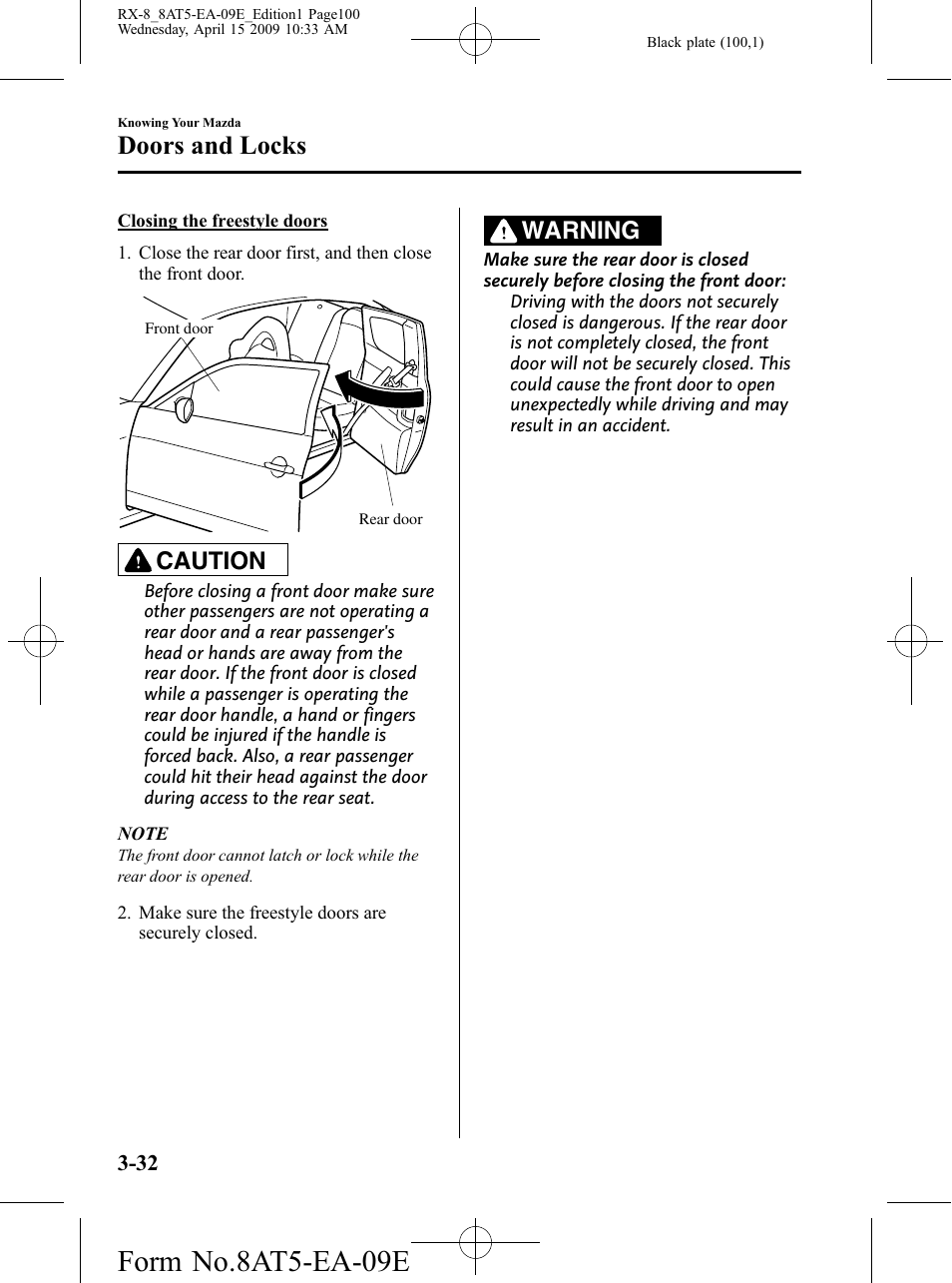 Form no.8at5-ea-09e, Doors and locks, Caution | Warning | Mazda 2010 RX-8 User Manual | Page 100 / 438