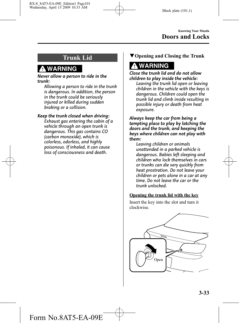 Trunk lid, Trunk lid -33, Form no.8at5-ea-09e | Doors and locks, Warning | Mazda 2010 RX-8 User Manual | Page 101 / 438