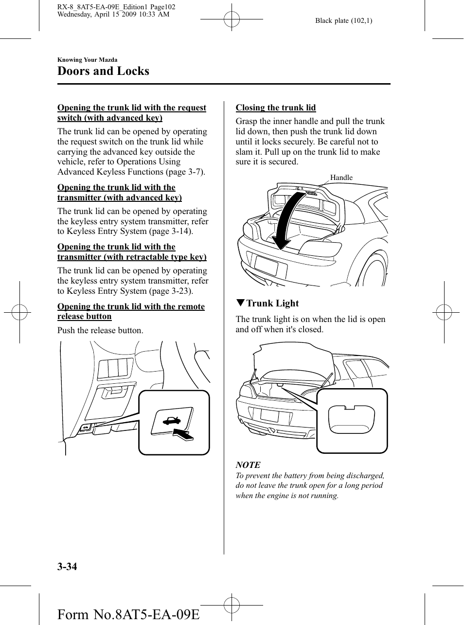 Form no.8at5-ea-09e, Doors and locks | Mazda 2010 RX-8 User Manual | Page 102 / 438