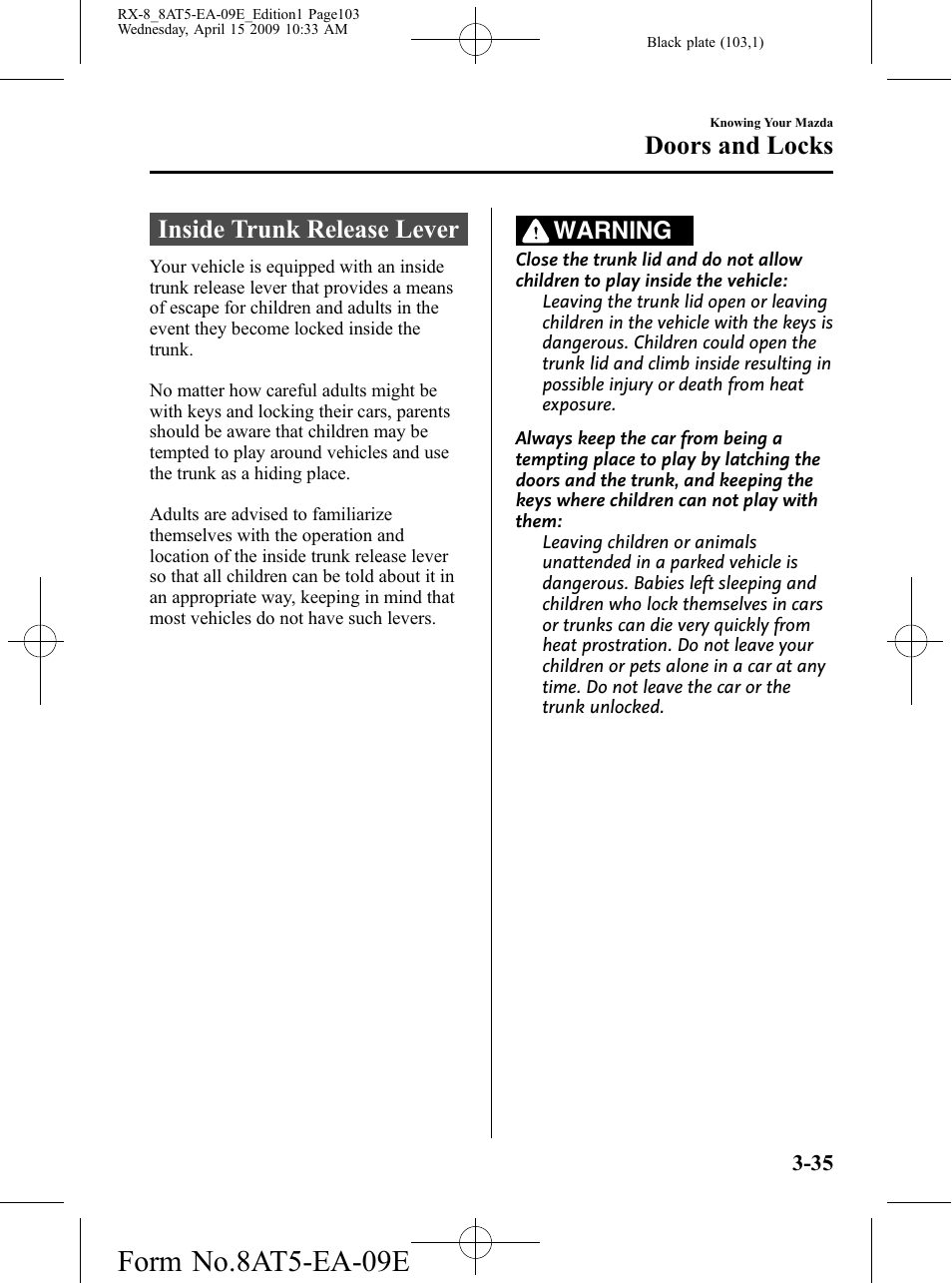 Inside trunk release lever, Inside trunk release lever -35, Form no.8at5-ea-09e | Doors and locks, Warning | Mazda 2010 RX-8 User Manual | Page 103 / 438