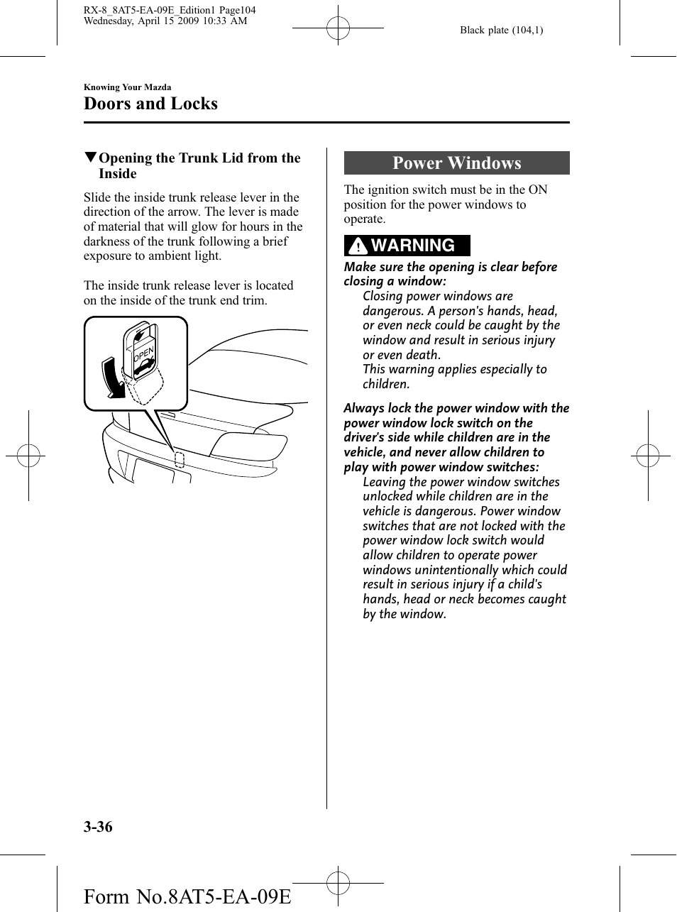 Power windows, Power windows -36, Form no.8at5-ea-09e | Doors and locks, Warning | Mazda 2010 RX-8 User Manual | Page 104 / 438