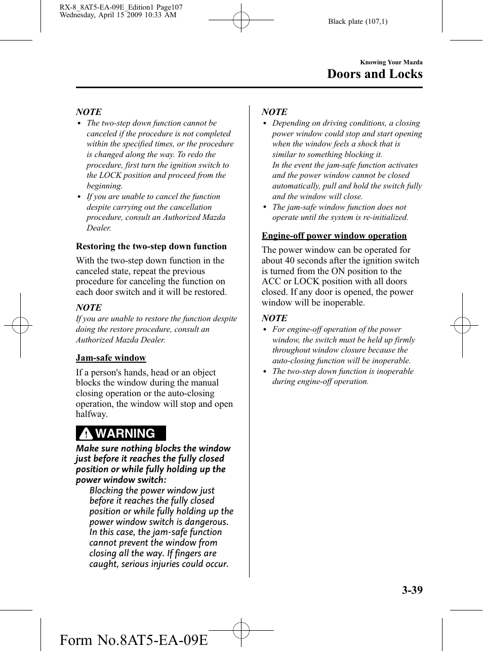 Form no.8at5-ea-09e, Doors and locks, Warning | Mazda 2010 RX-8 User Manual | Page 107 / 438