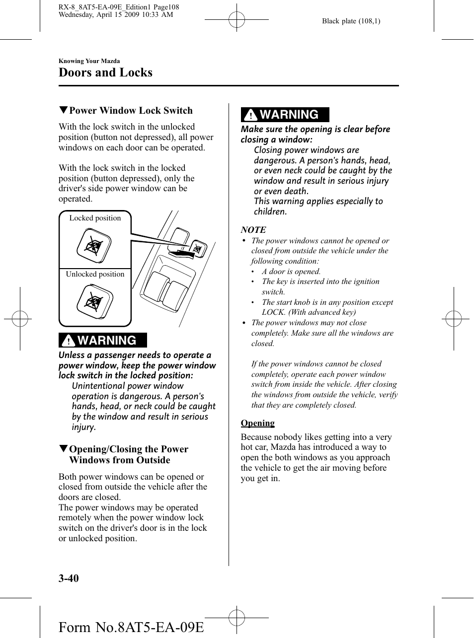 Form no.8at5-ea-09e, Doors and locks, Warning | Mazda 2010 RX-8 User Manual | Page 108 / 438