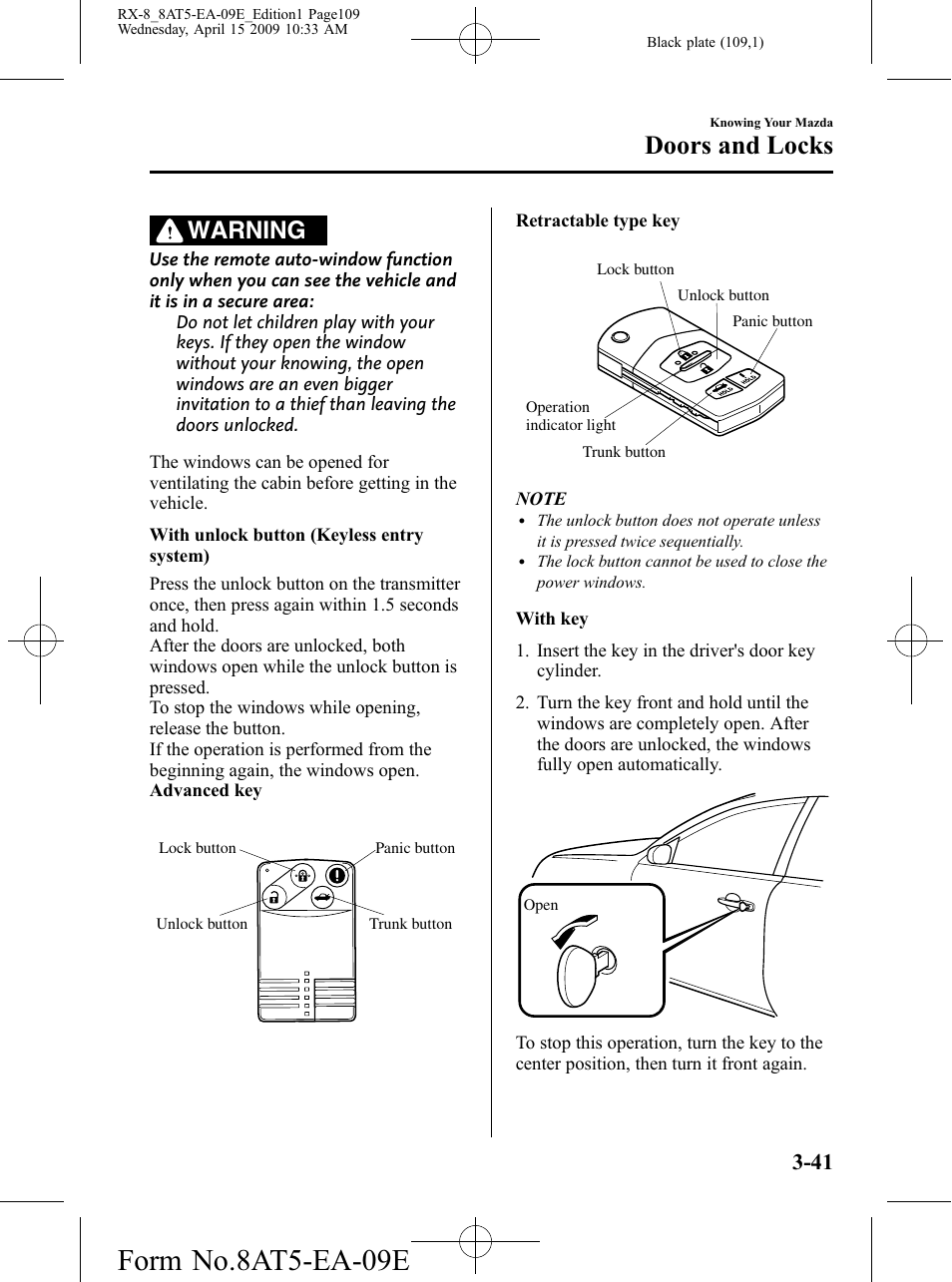 Form no.8at5-ea-09e, Doors and locks, Warning | Mazda 2010 RX-8 User Manual | Page 109 / 438