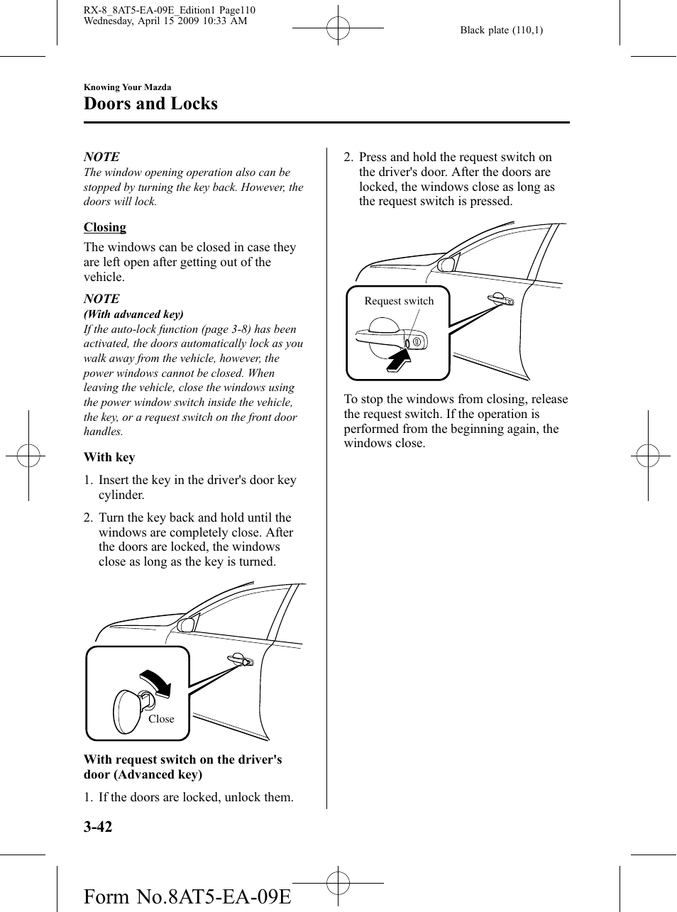 Form no.8at5-ea-09e, Doors and locks | Mazda 2010 RX-8 User Manual | Page 110 / 438