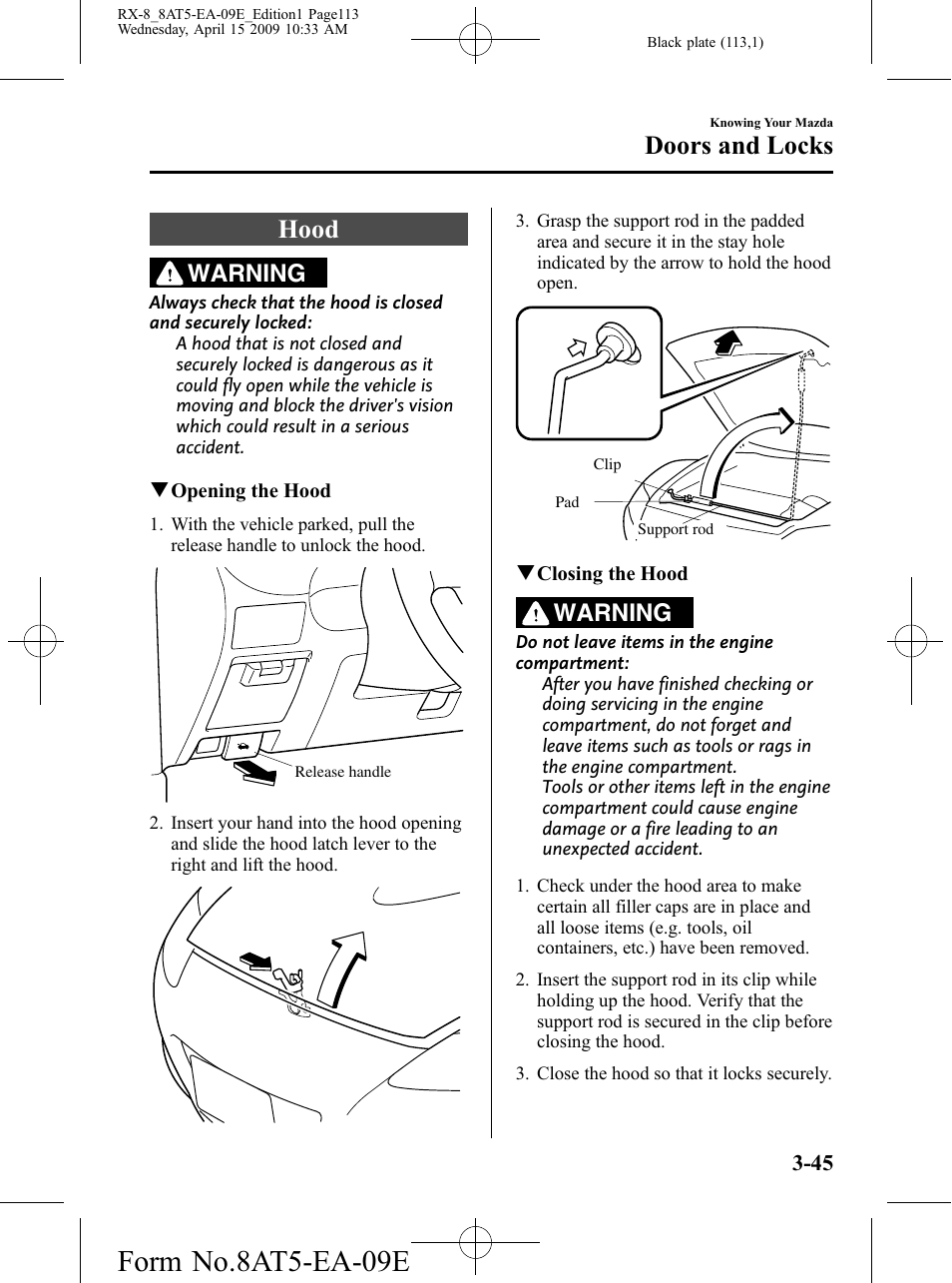 Hood, Hood -45, Form no.8at5-ea-09e | Doors and locks, Warning | Mazda 2010 RX-8 User Manual | Page 113 / 438