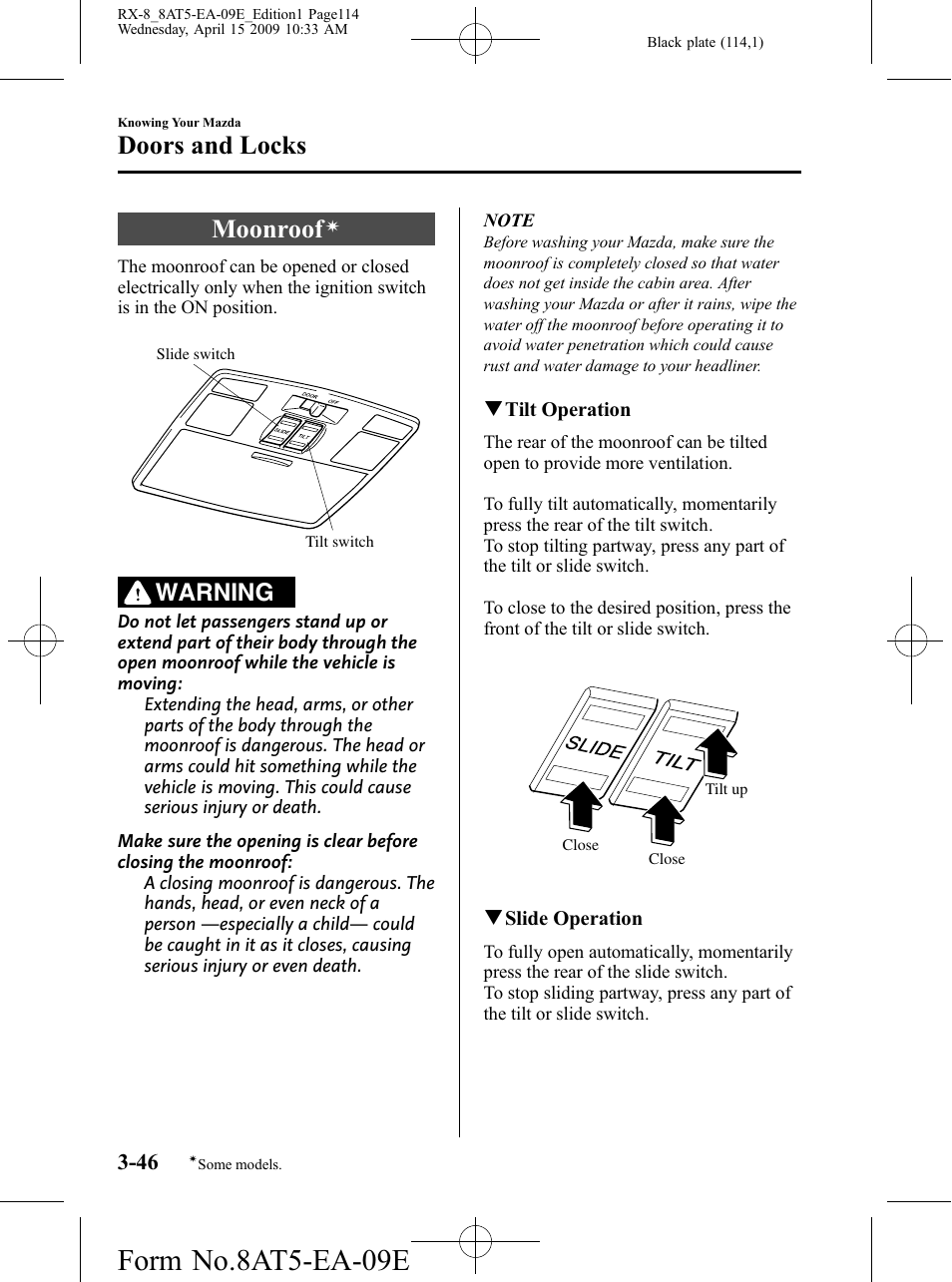 Moonroof, Form no.8at5-ea-09e, Doors and locks | Warning | Mazda 2010 RX-8 User Manual | Page 114 / 438