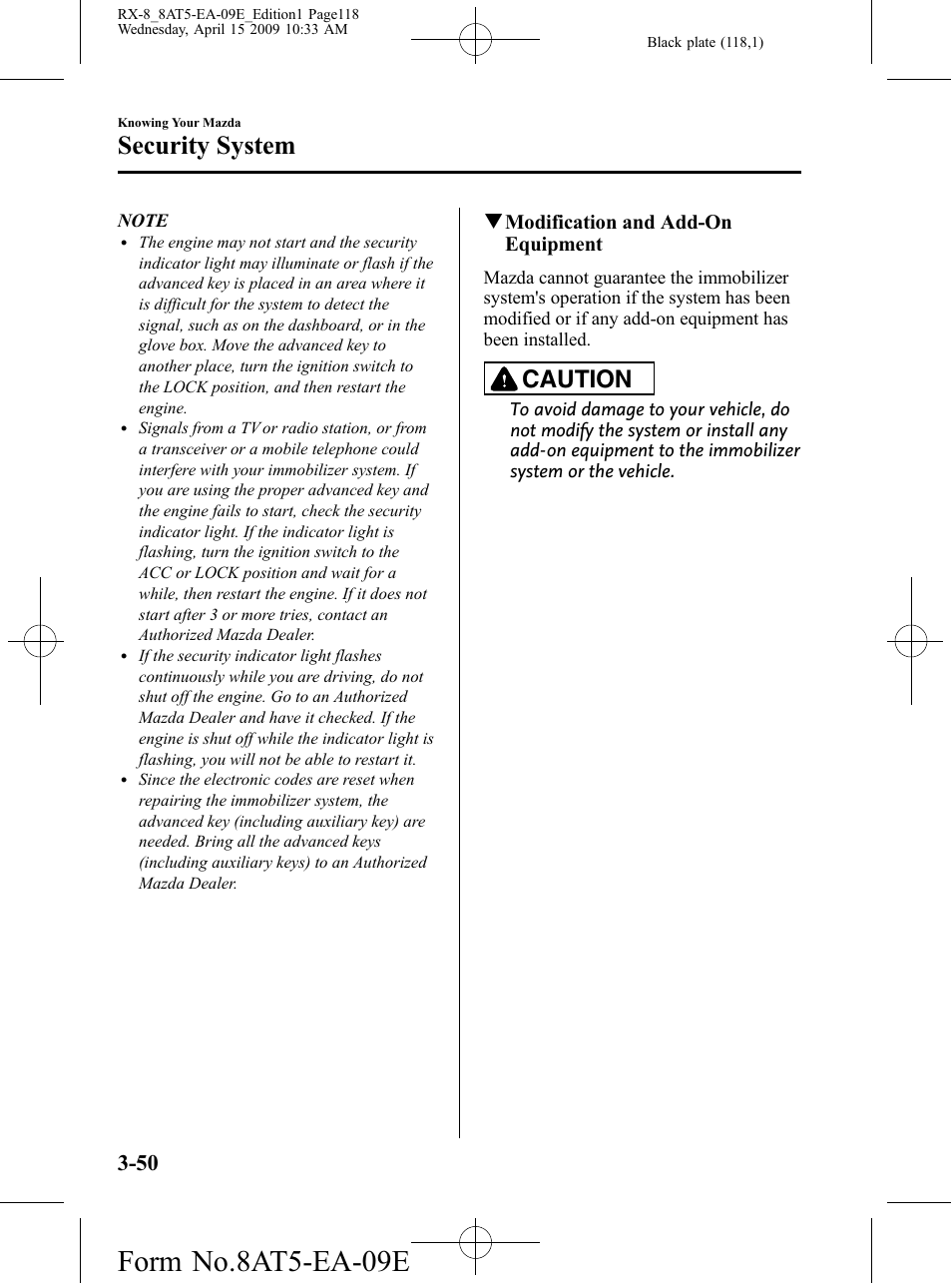 Form no.8at5-ea-09e, Security system, Caution | Mazda 2010 RX-8 User Manual | Page 118 / 438