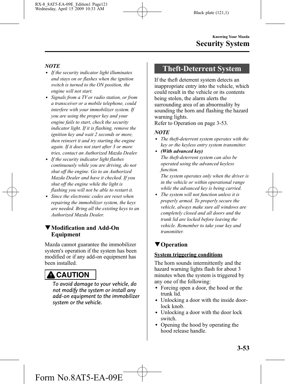 Theft-deterrent system, Theft-deterrent system -53, Form no.8at5-ea-09e | Security system, Caution, Qmodification and add-on equipment, Qoperation | Mazda 2010 RX-8 User Manual | Page 121 / 438
