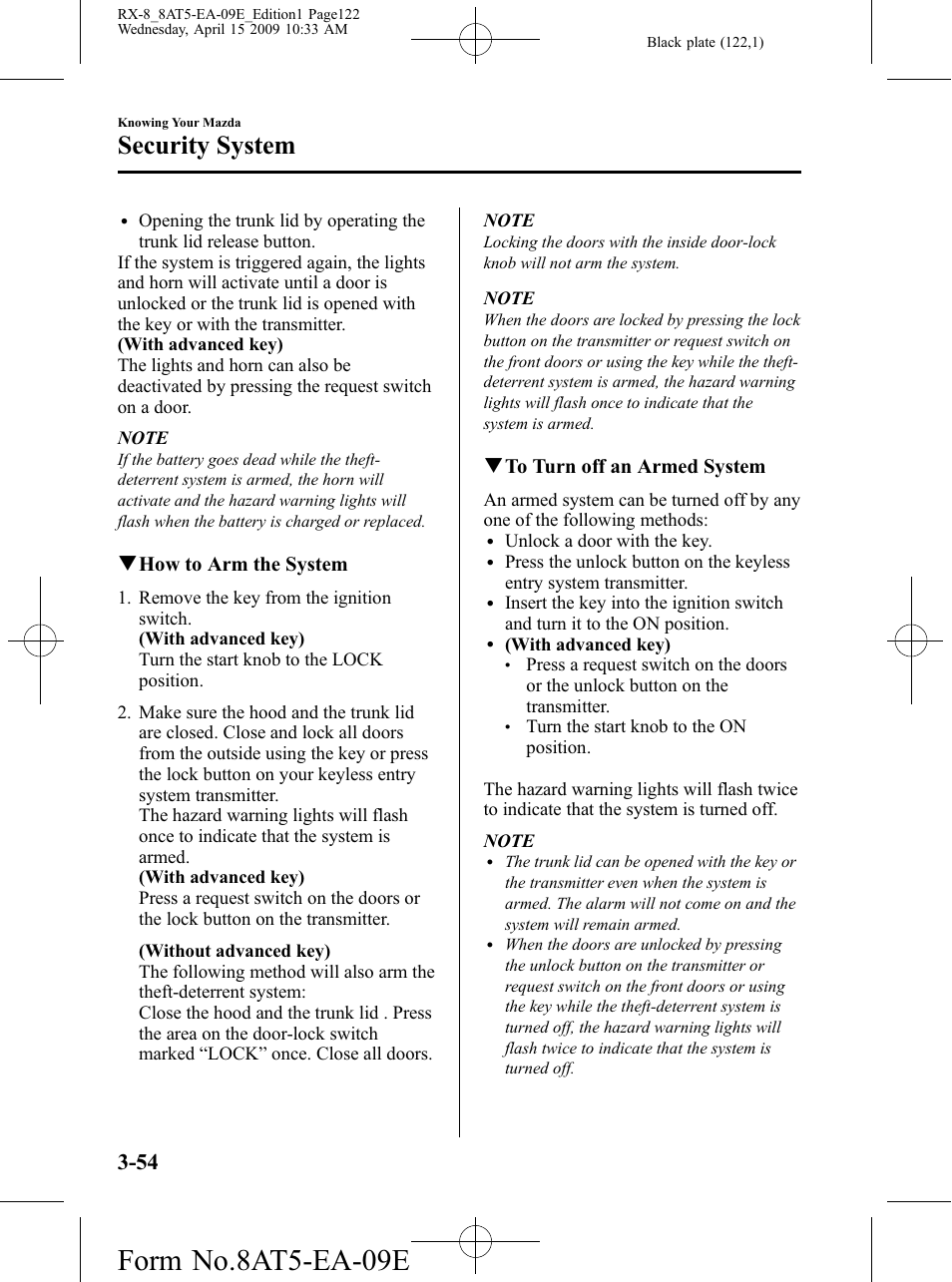 Form no.8at5-ea-09e, Security system, Qhow to arm the system | Qto turn off an armed system | Mazda 2010 RX-8 User Manual | Page 122 / 438