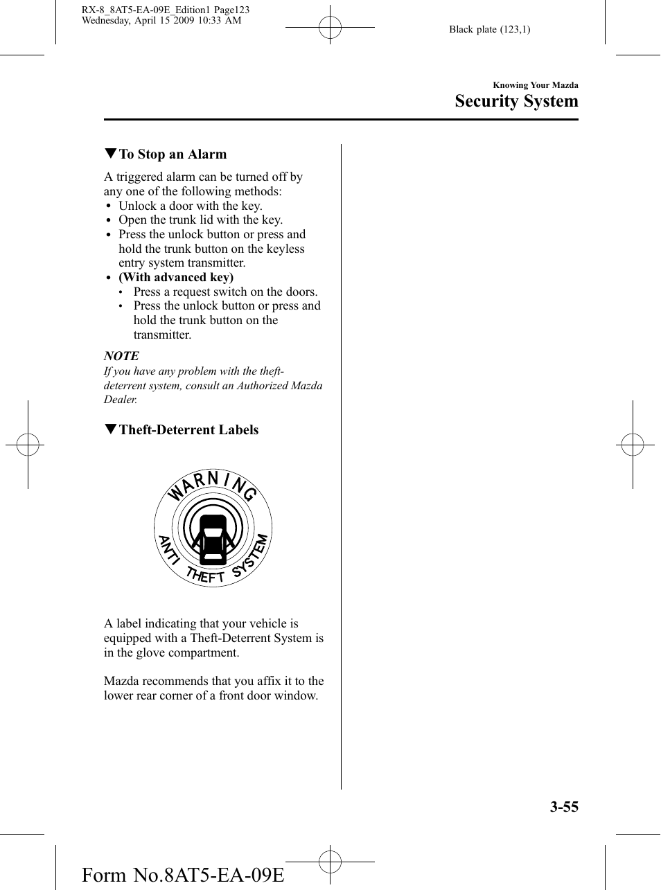 Form no.8at5-ea-09e, Security system, Qto stop an alarm | Qtheft-deterrent labels | Mazda 2010 RX-8 User Manual | Page 123 / 438