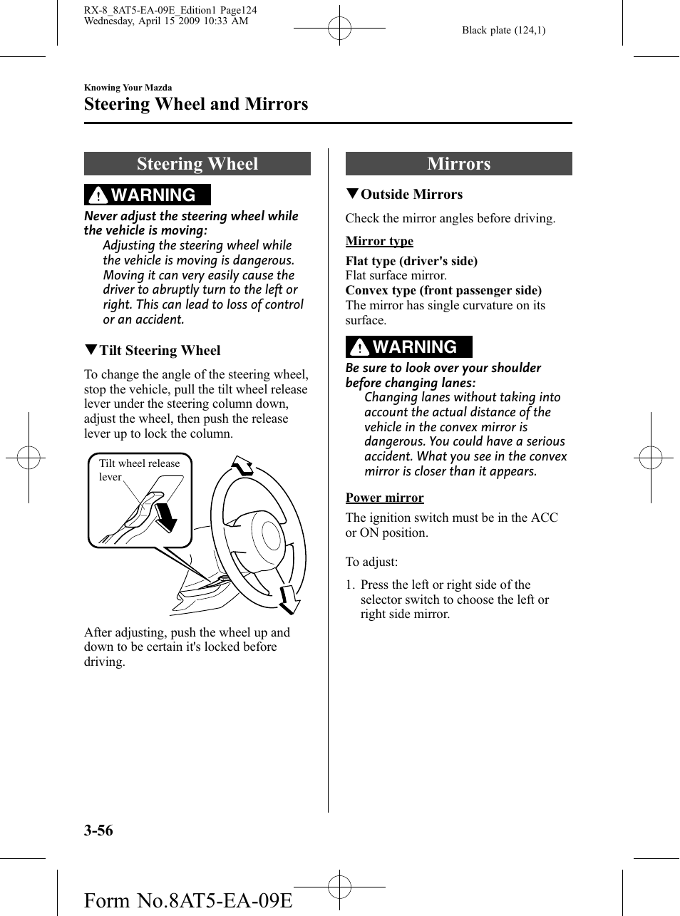 Steering wheel and mirrors, Steering wheel, Mirrors | Steering wheel and mirrors -56, Steering wheel -56 mirrors -56, Form no.8at5-ea-09e, Warning | Mazda 2010 RX-8 User Manual | Page 124 / 438