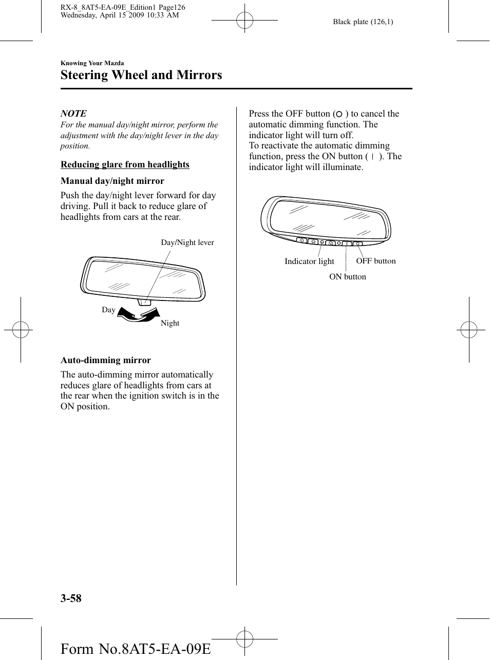 Form no.8at5-ea-09e, Steering wheel and mirrors | Mazda 2010 RX-8 User Manual | Page 126 / 438
