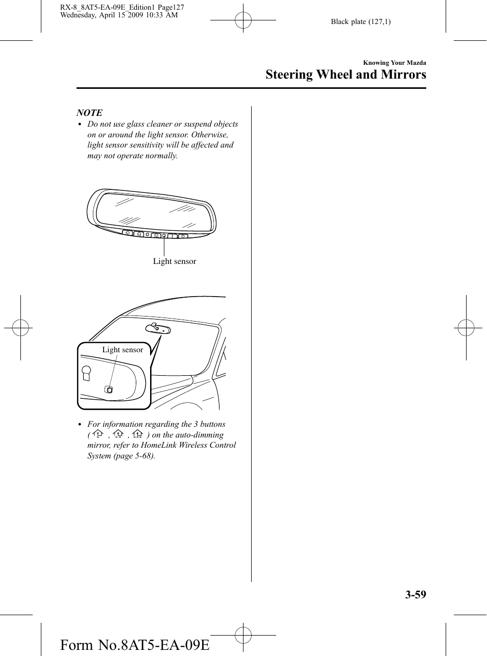 Form no.8at5-ea-09e, Steering wheel and mirrors | Mazda 2010 RX-8 User Manual | Page 127 / 438