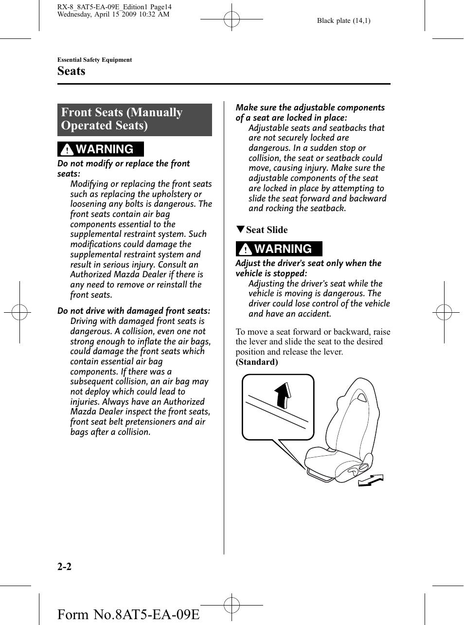 Seats, Front seats (manually operated seats), Seats -2 | Front seats (manually operated seats) -2, Form no.8at5-ea-09e, Warning | Mazda 2010 RX-8 User Manual | Page 14 / 438