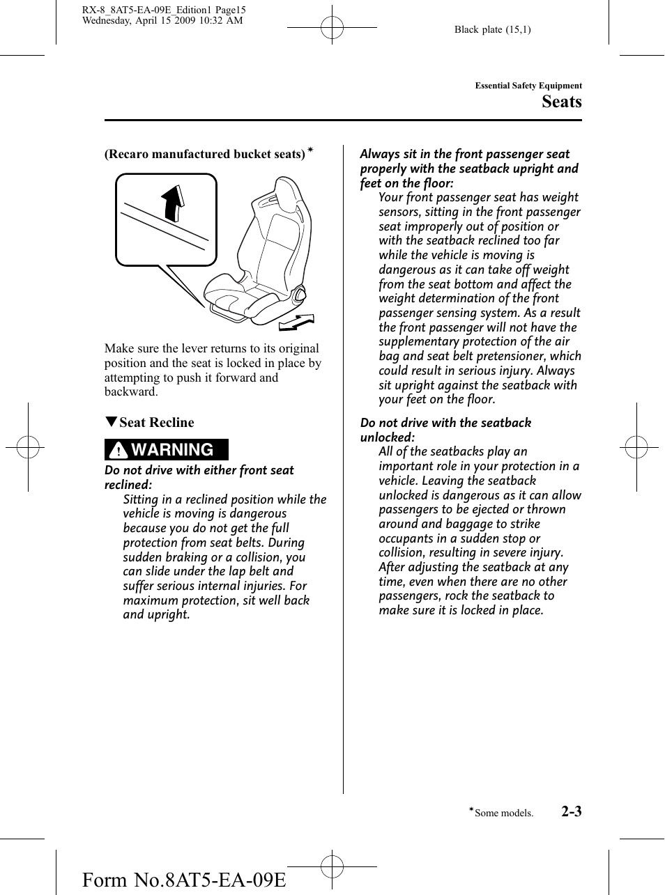 Form no.8at5-ea-09e, Seats, Warning | Mazda 2010 RX-8 User Manual | Page 15 / 438