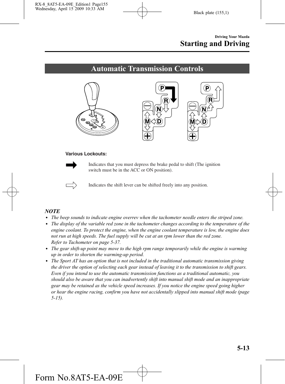 Automatic transmission controls, Automatic transmission controls -13, Form no.8at5-ea-09e | Starting and driving | Mazda 2010 RX-8 User Manual | Page 155 / 438
