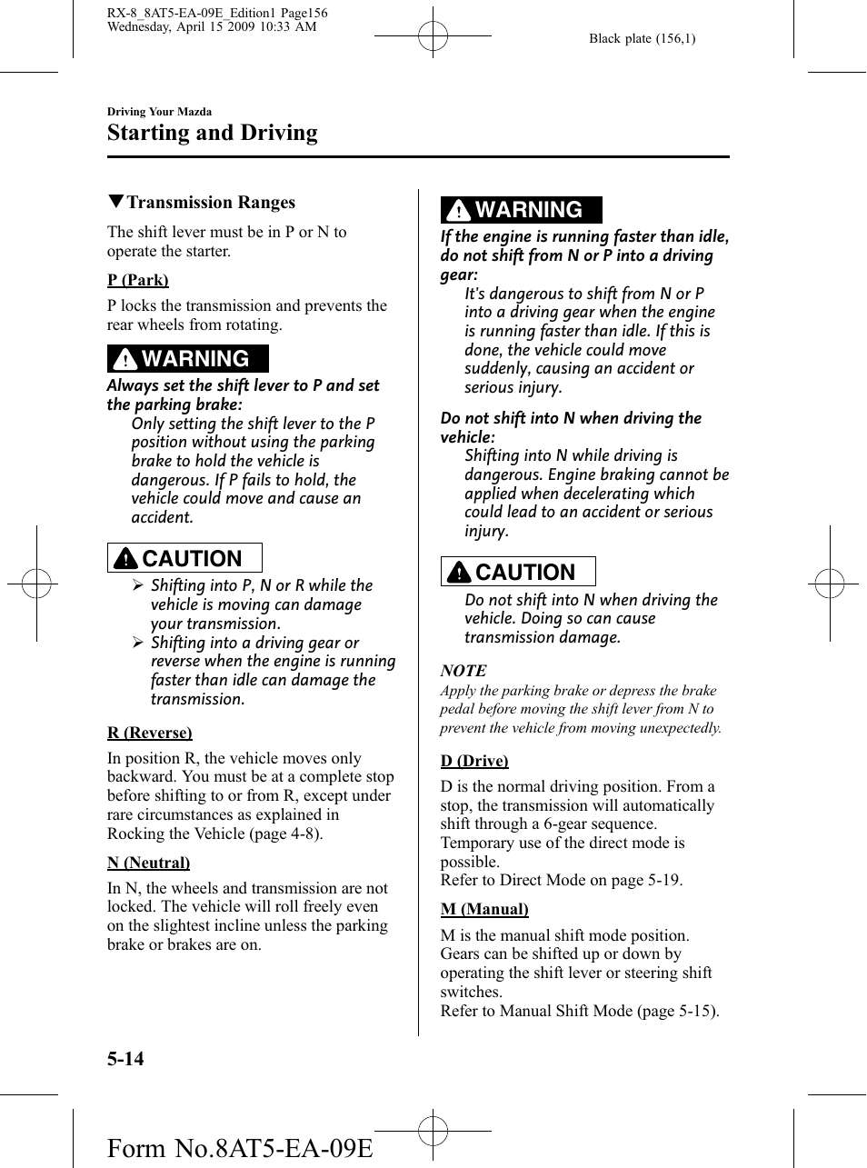Form no.8at5-ea-09e, Starting and driving, Warning | Caution | Mazda 2010 RX-8 User Manual | Page 156 / 438