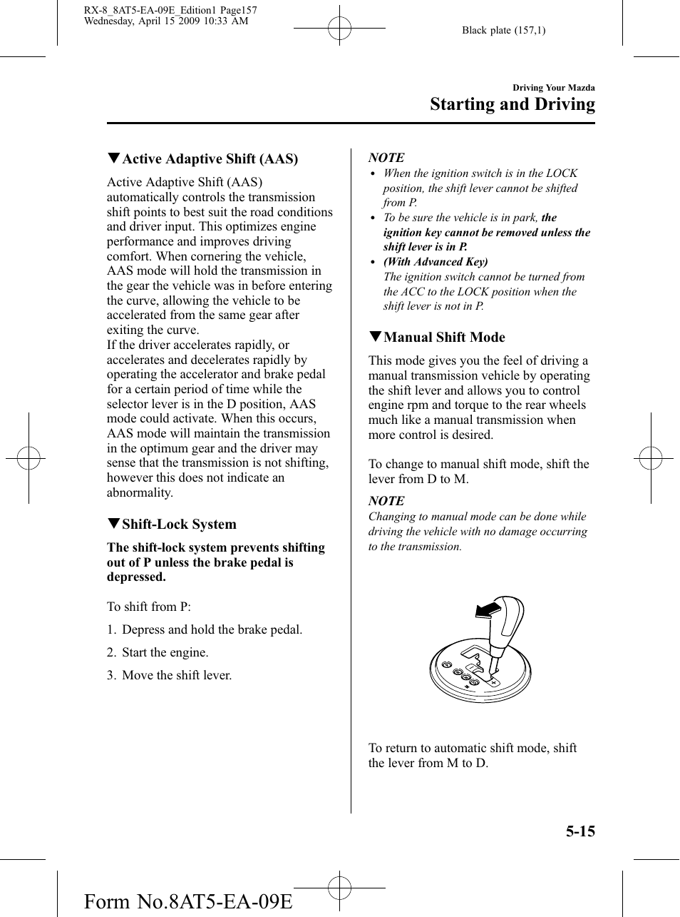 Form no.8at5-ea-09e, Starting and driving | Mazda 2010 RX-8 User Manual | Page 157 / 438