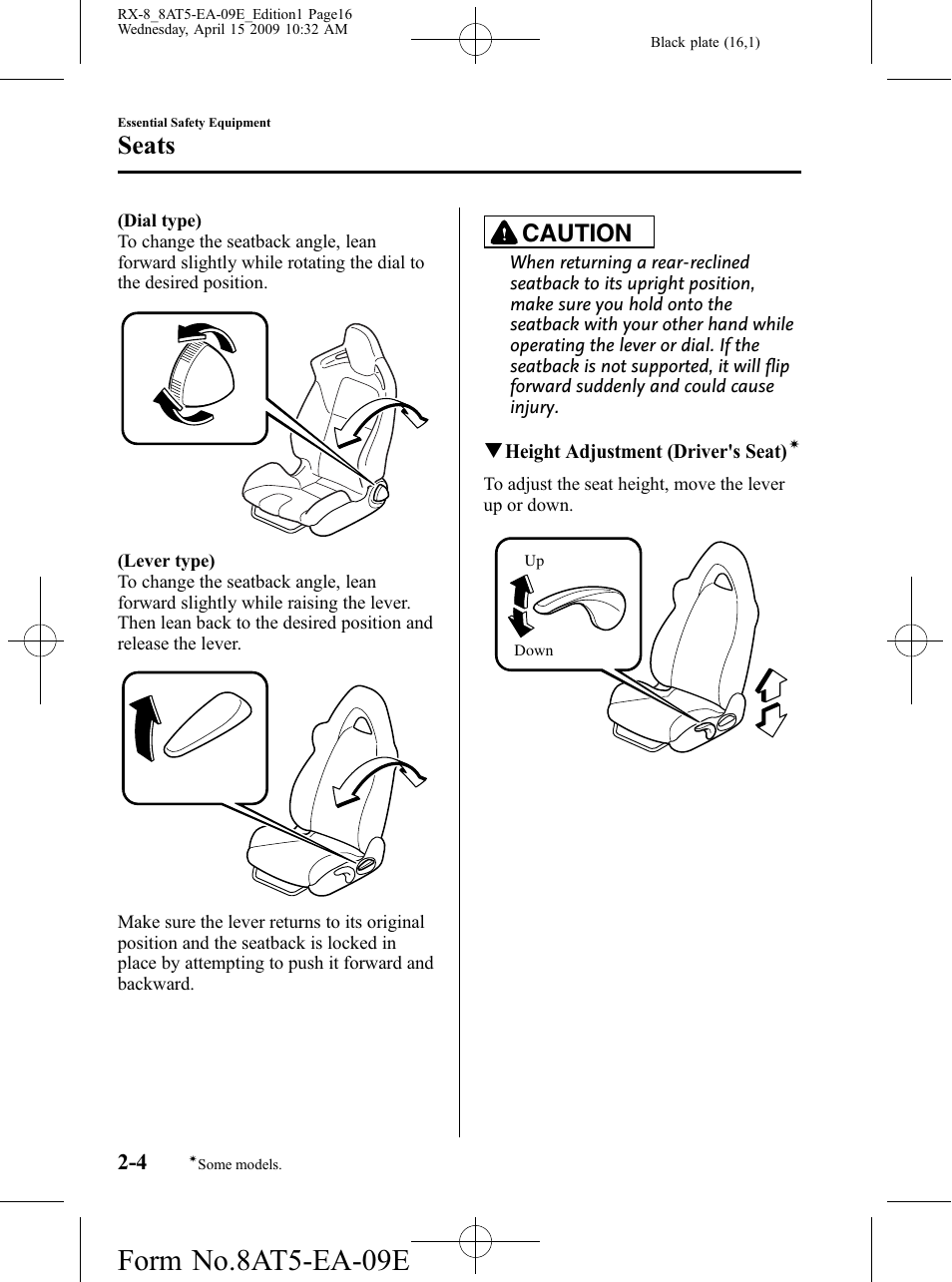 Form no.8at5-ea-09e, Seats, Caution | Mazda 2010 RX-8 User Manual | Page 16 / 438