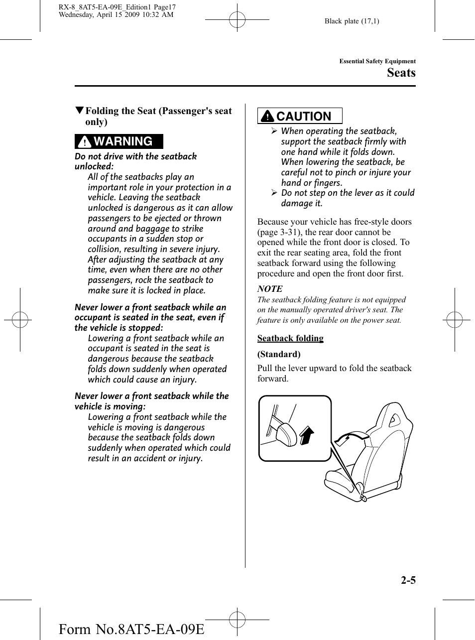 Form no.8at5-ea-09e, Seats, Warning | Caution | Mazda 2010 RX-8 User Manual | Page 17 / 438
