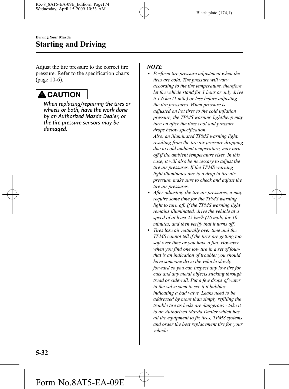 Form no.8at5-ea-09e, Starting and driving, Caution | Mazda 2010 RX-8 User Manual | Page 174 / 438
