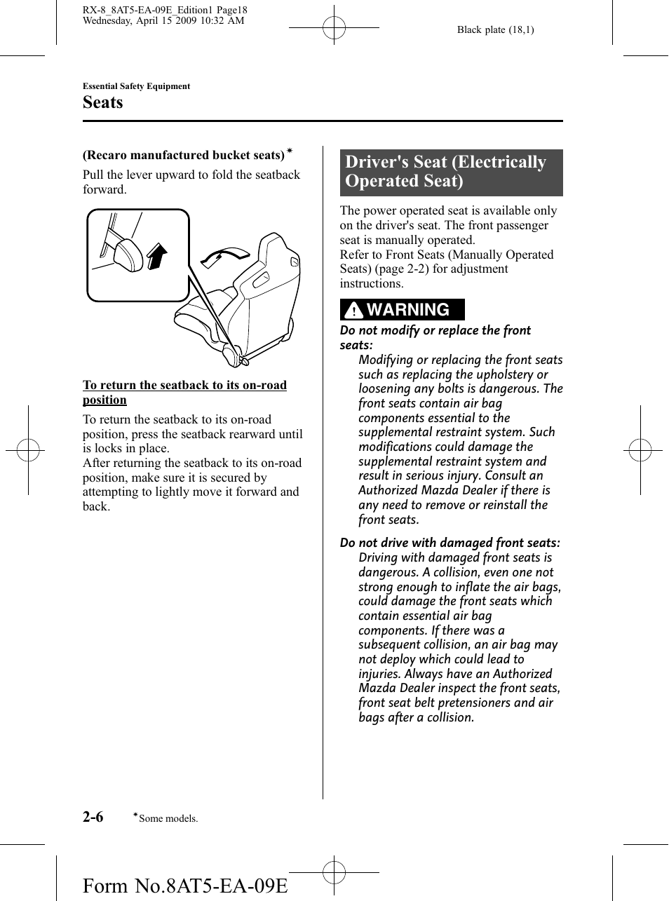 Driver's seat (electrically operated seat), Driver's seat (electrically operated seat) -6, Form no.8at5-ea-09e | Seats, Warning | Mazda 2010 RX-8 User Manual | Page 18 / 438