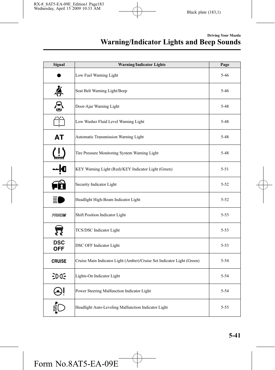 Form no.8at5-ea-09e, Warning/indicator lights and beep sounds | Mazda 2010 RX-8 User Manual | Page 183 / 438