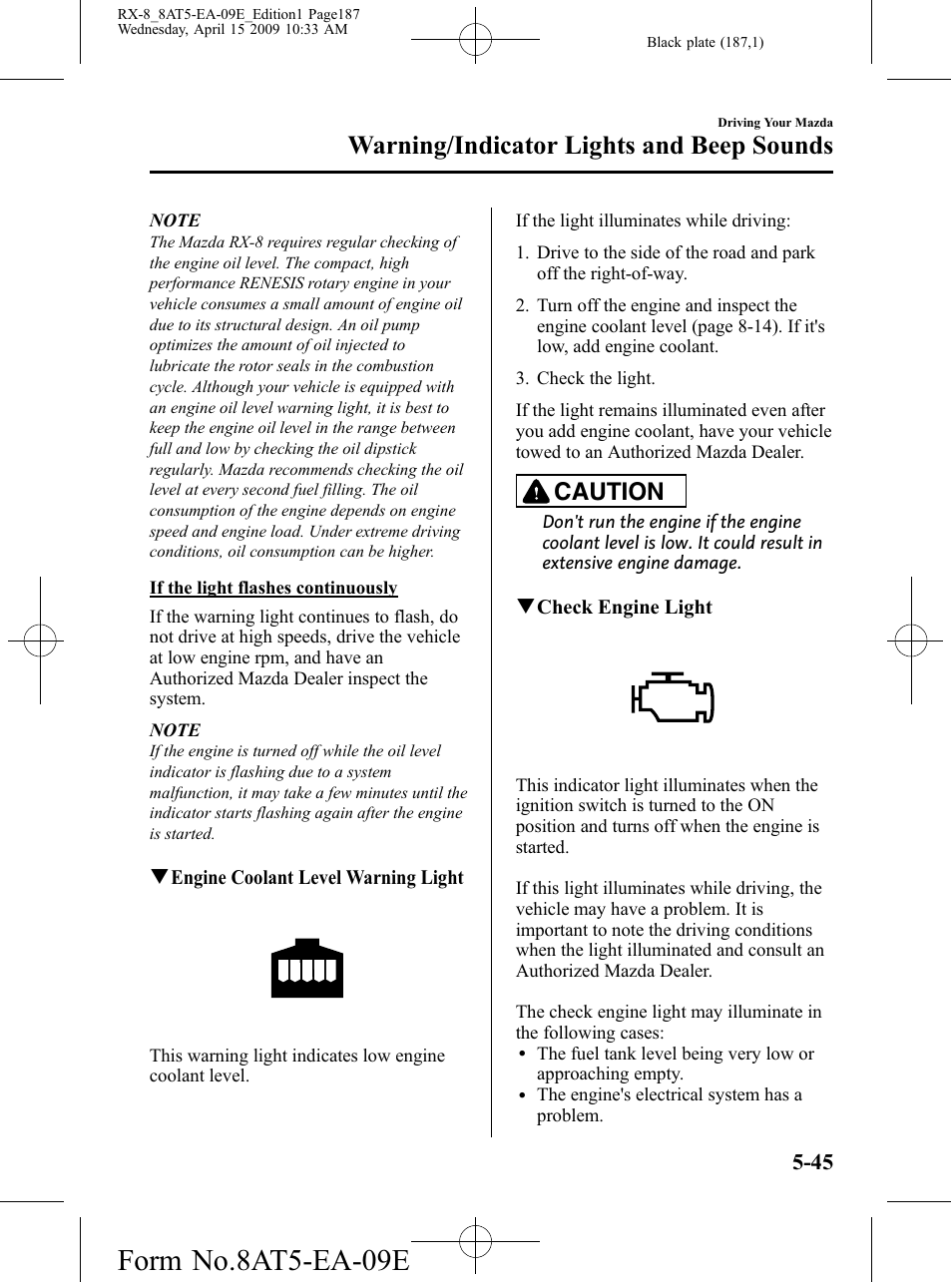 Form no.8at5-ea-09e, Warning/indicator lights and beep sounds, Caution | Mazda 2010 RX-8 User Manual | Page 187 / 438