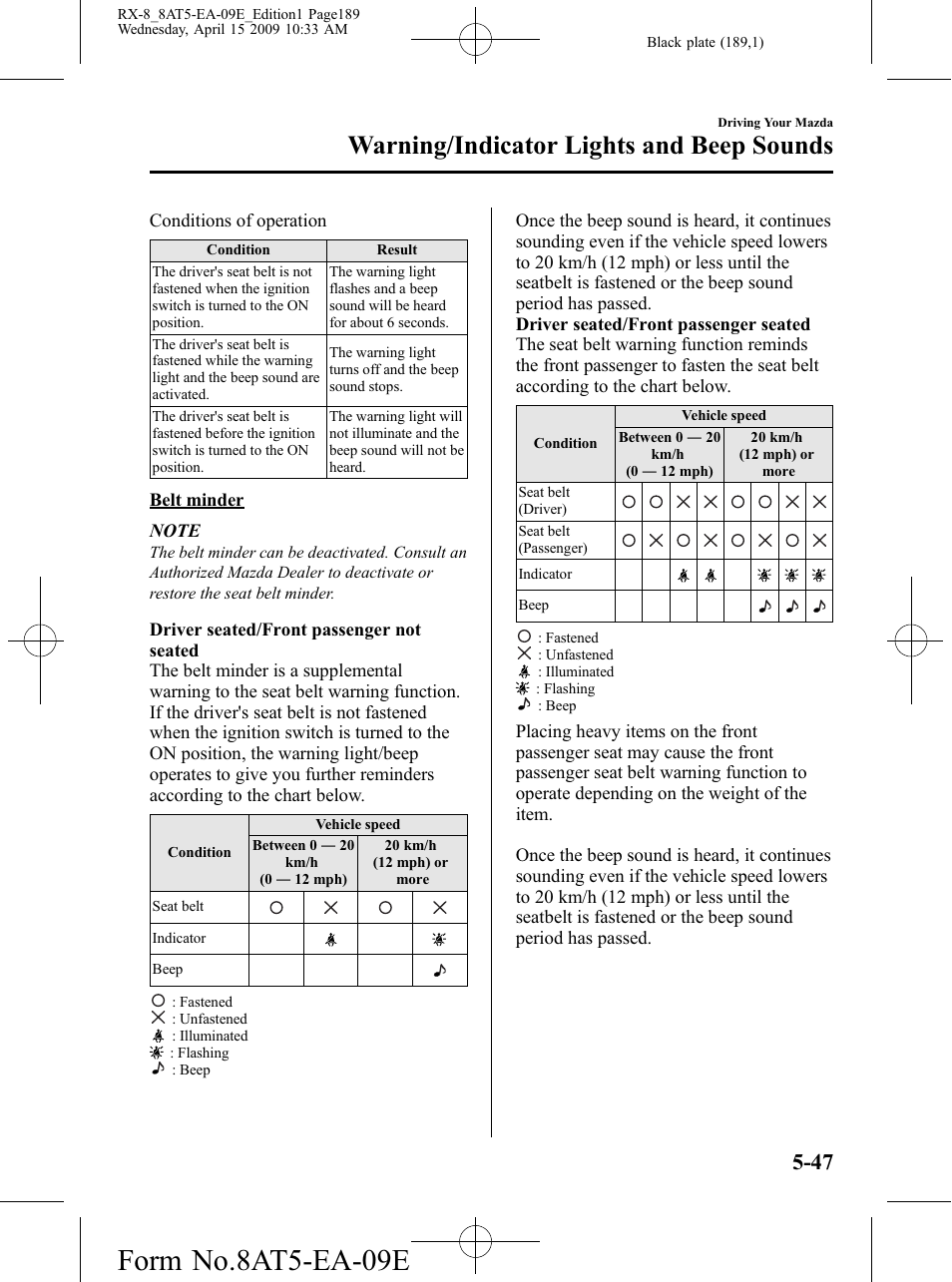 Form no.8at5-ea-09e, Warning/indicator lights and beep sounds | Mazda 2010 RX-8 User Manual | Page 189 / 438