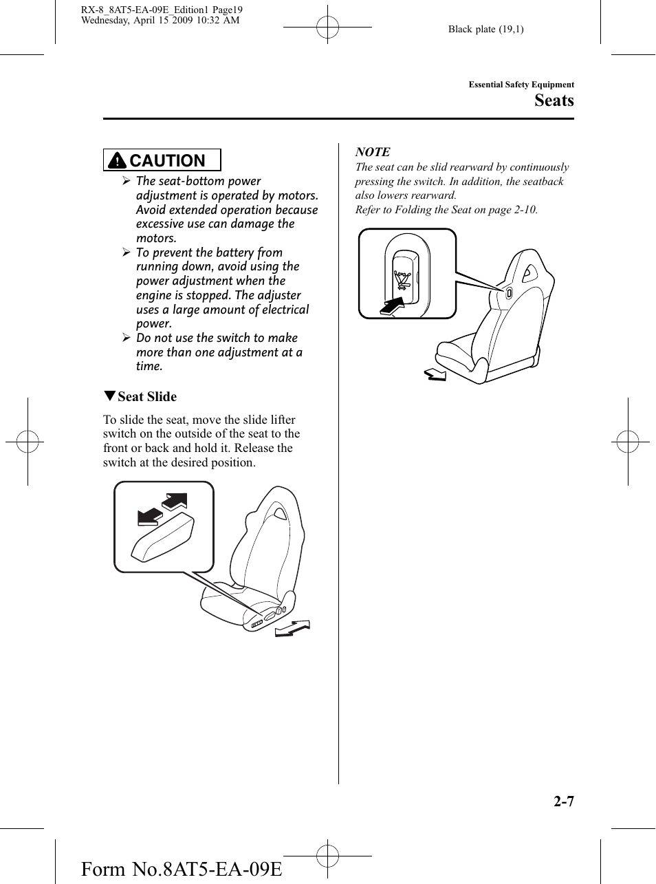 Form no.8at5-ea-09e, Seats, Caution | Mazda 2010 RX-8 User Manual | Page 19 / 438