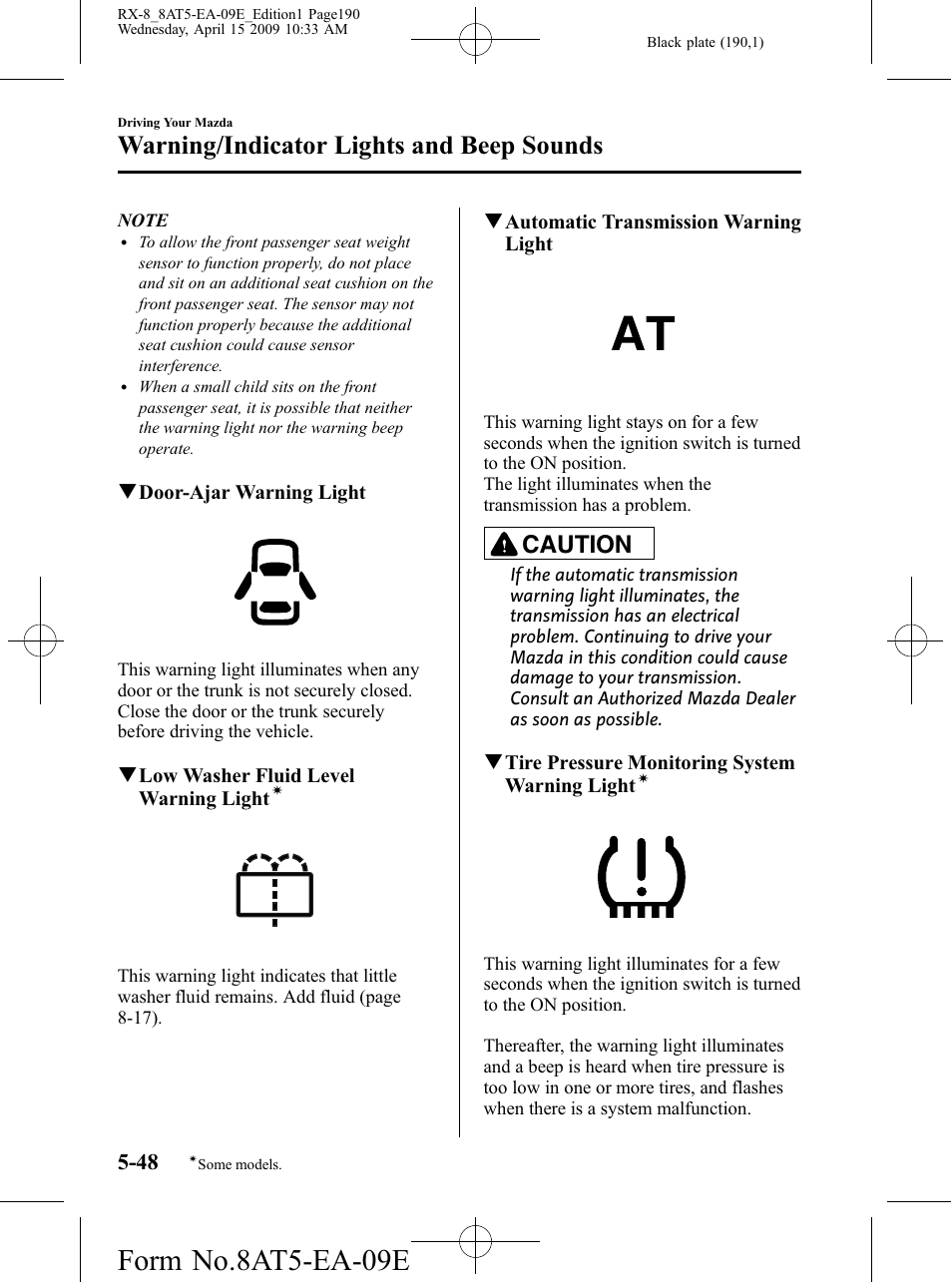 Form no.8at5-ea-09e, Warning/indicator lights and beep sounds, Caution | Mazda 2010 RX-8 User Manual | Page 190 / 438