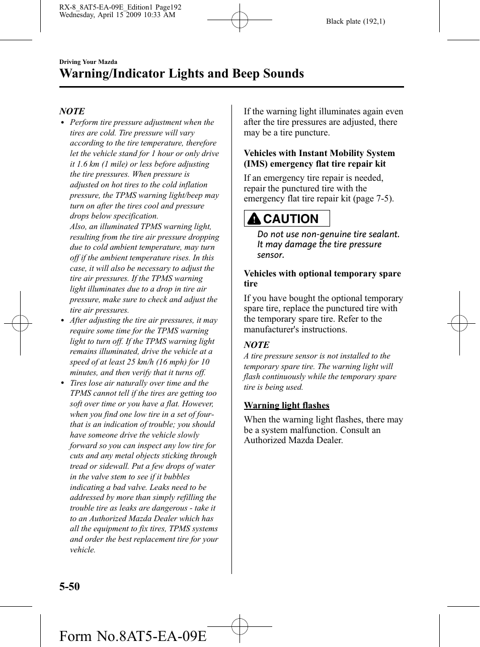 Form no.8at5-ea-09e, Warning/indicator lights and beep sounds, Caution | Mazda 2010 RX-8 User Manual | Page 192 / 438