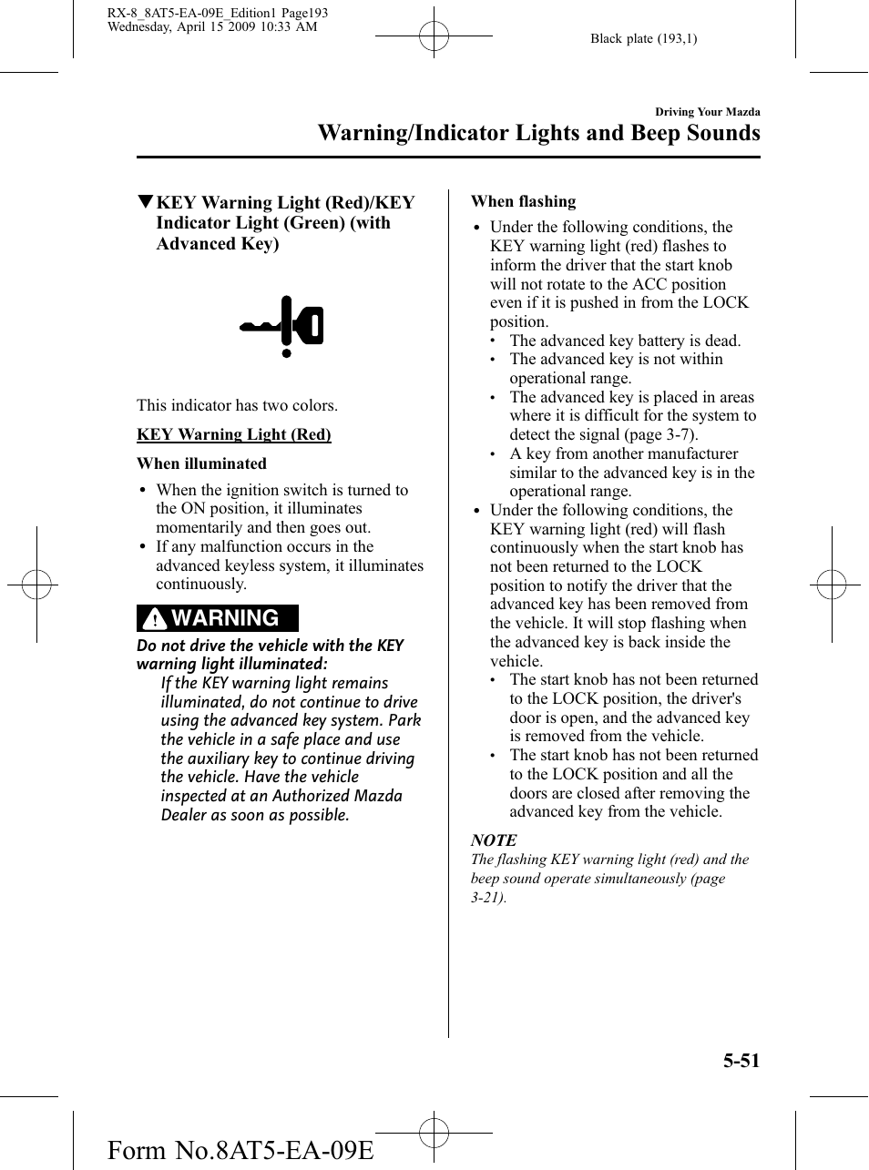 Form no.8at5-ea-09e, Warning/indicator lights and beep sounds, Warning | Mazda 2010 RX-8 User Manual | Page 193 / 438