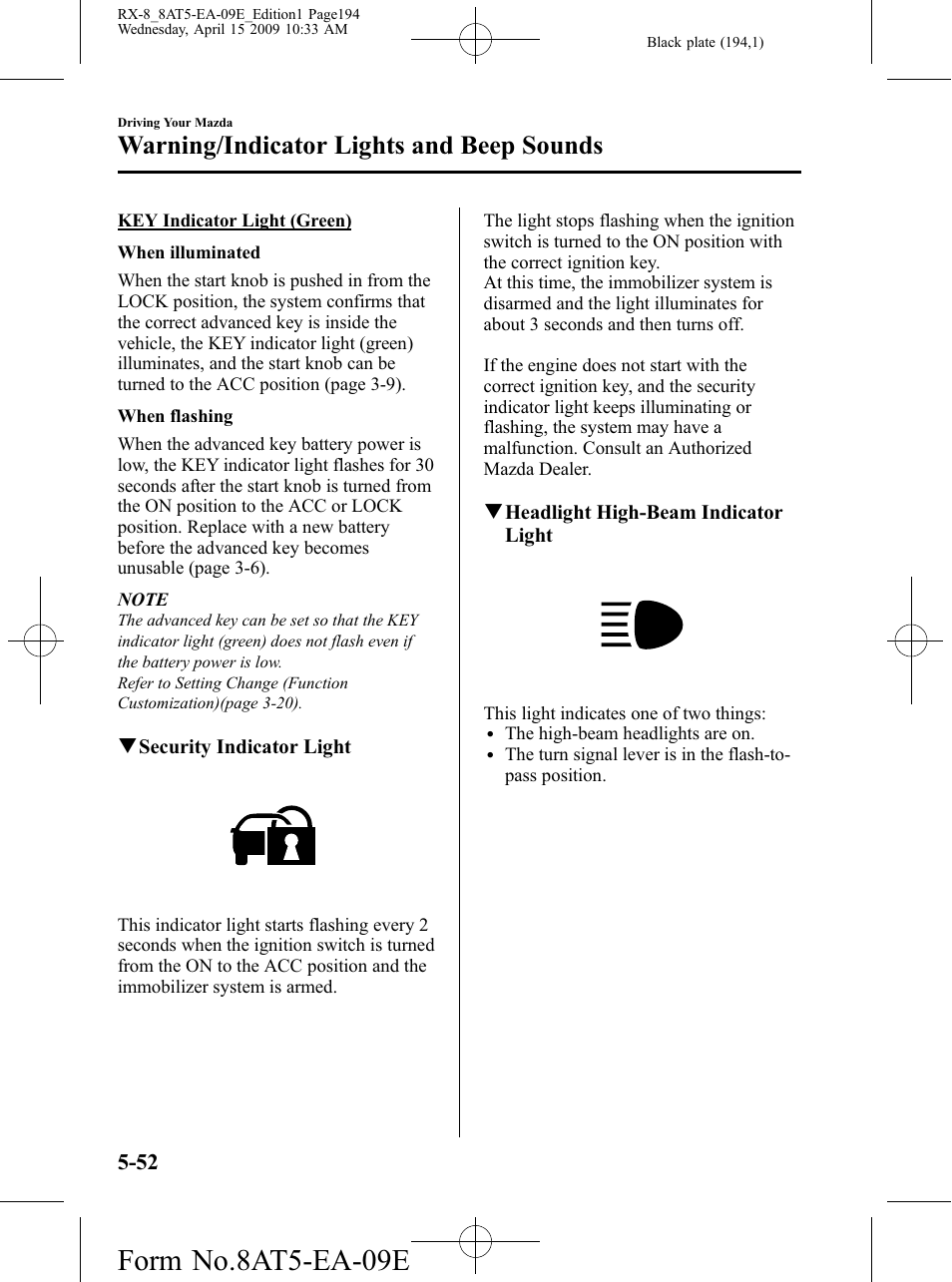 Form no.8at5-ea-09e, Warning/indicator lights and beep sounds | Mazda 2010 RX-8 User Manual | Page 194 / 438